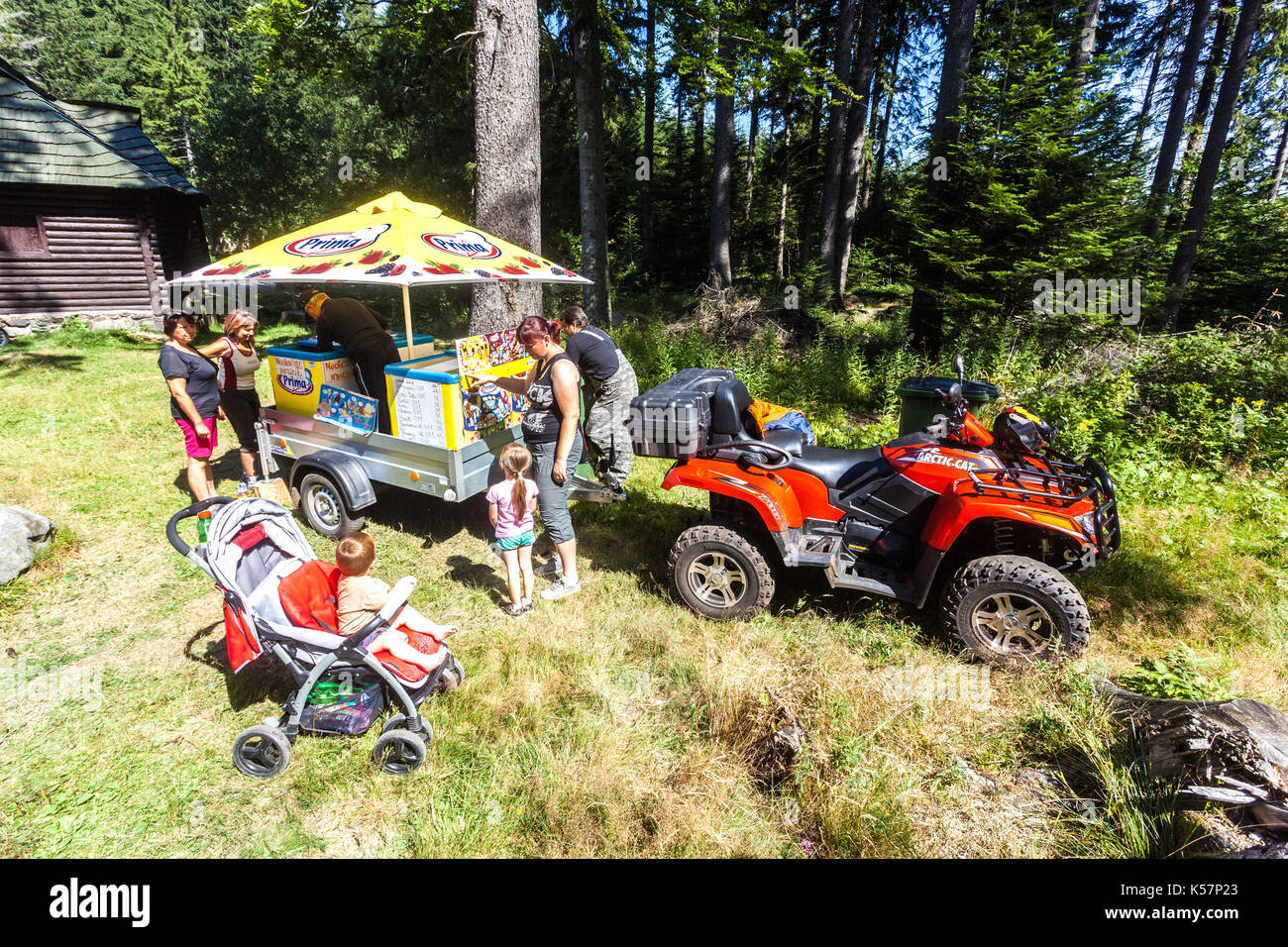 The mobile sales stand offers products for tourists in the Sumava National Park, Cerne Jezero, Czech Republic Stock Photo