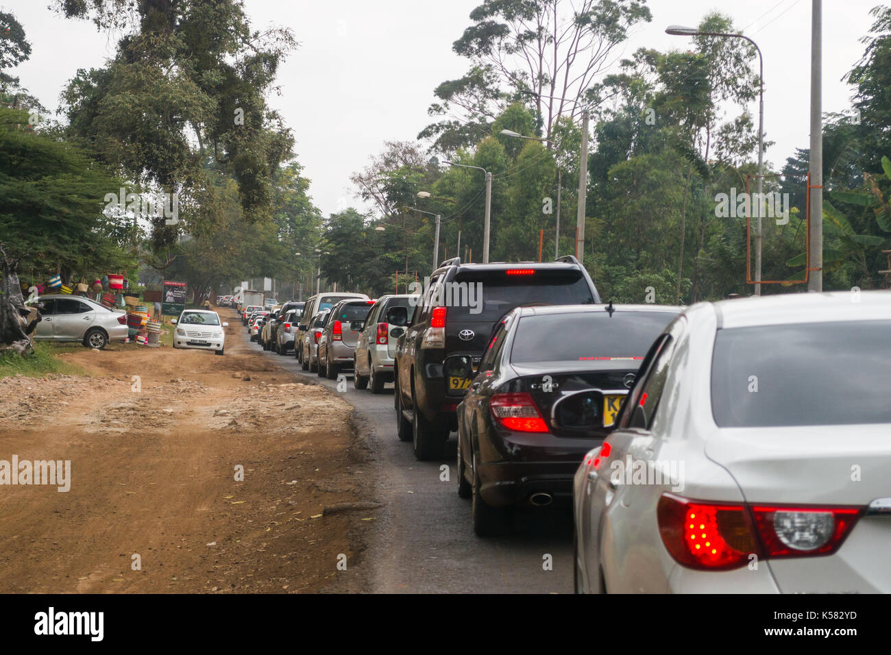 Long traffic jam with many vehicles waiting caused by roadworks