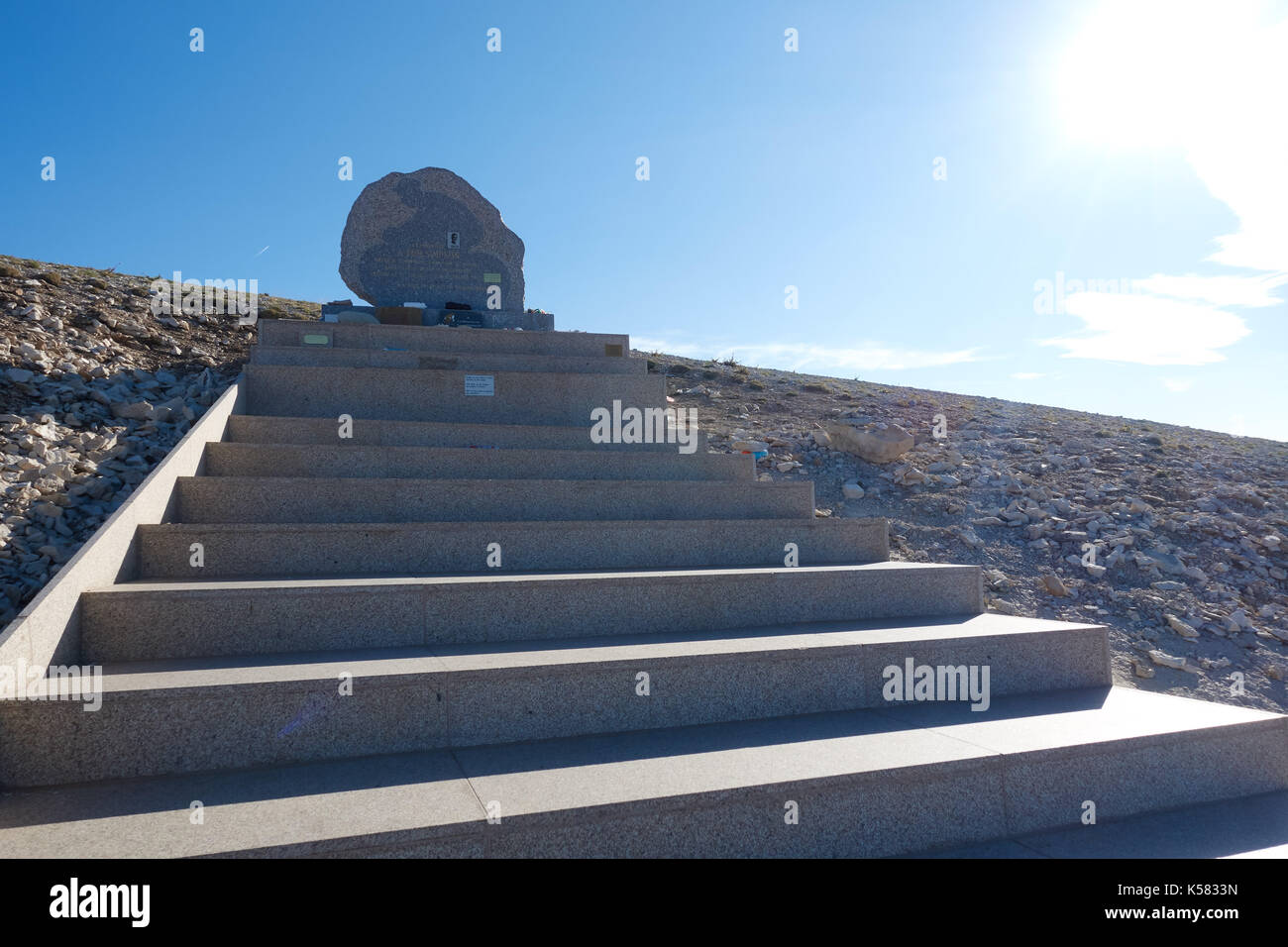 Memorial to cyclist Tom Simpson with new steps, Mont Ventoux, Vaucluse, Provence-Alpes-Cote d'Azur, Southern France, Europe Stock Photo