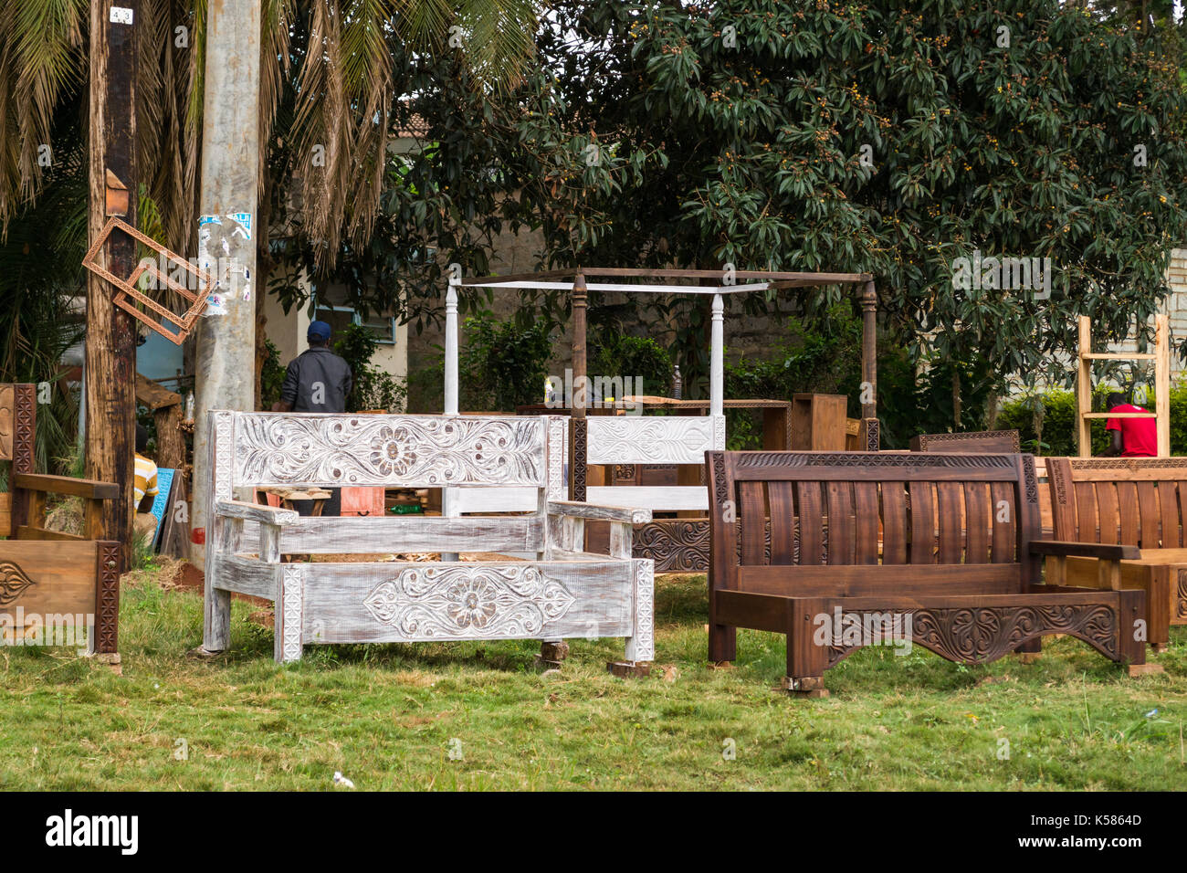 Handmade bed frames on display by side of road, Nairobi, Kenya Stock
