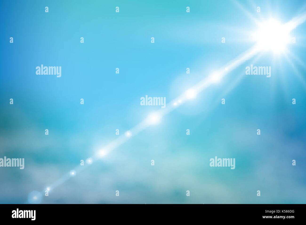 Realistic shining sun with lens flare. Blue sky with clouds background ...