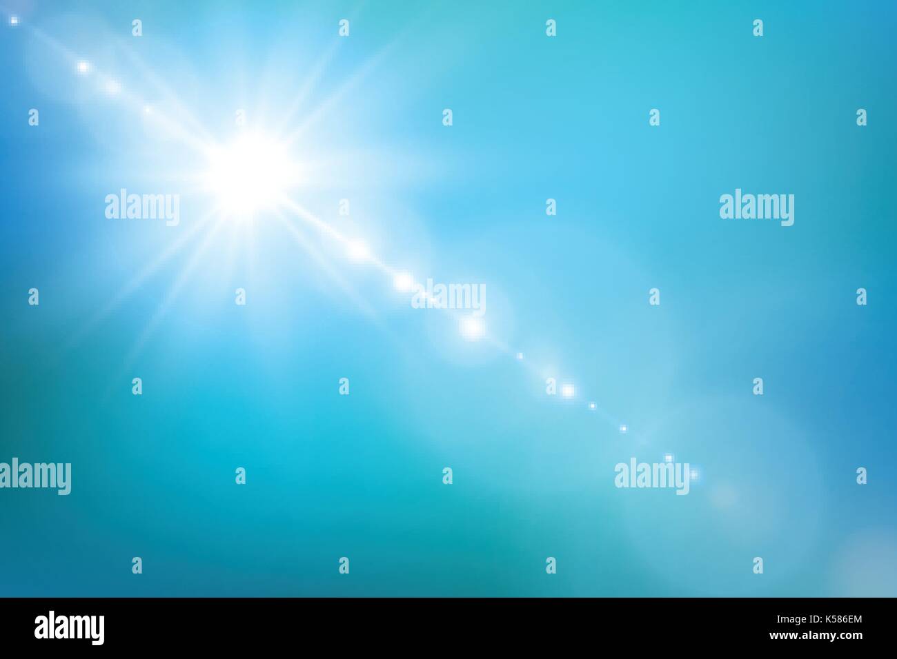 Realistic shining sun with lens flare. Blue sky with clouds background ...