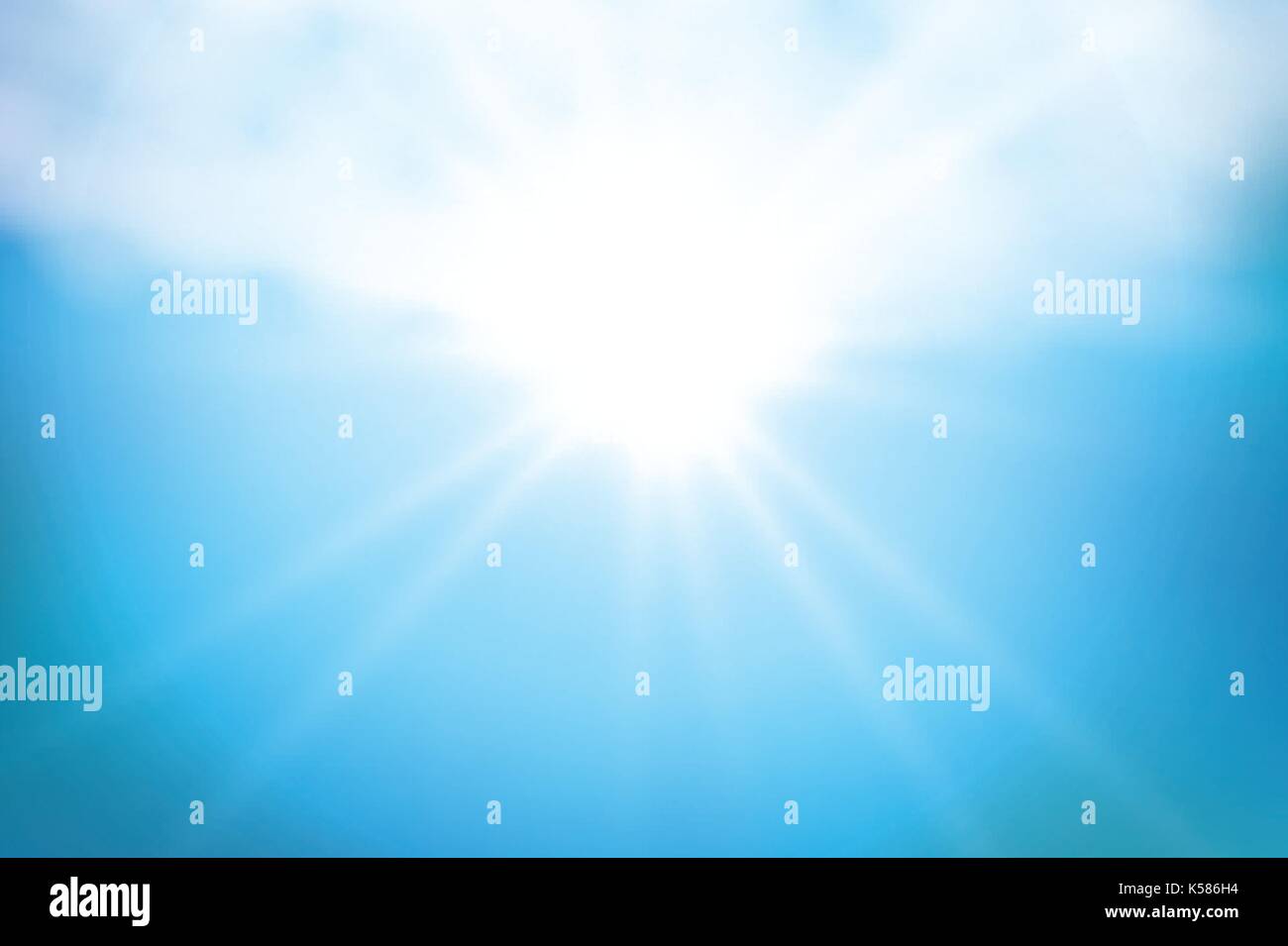 Realistic shining sun with lens flare. Blue sky with clouds background ...