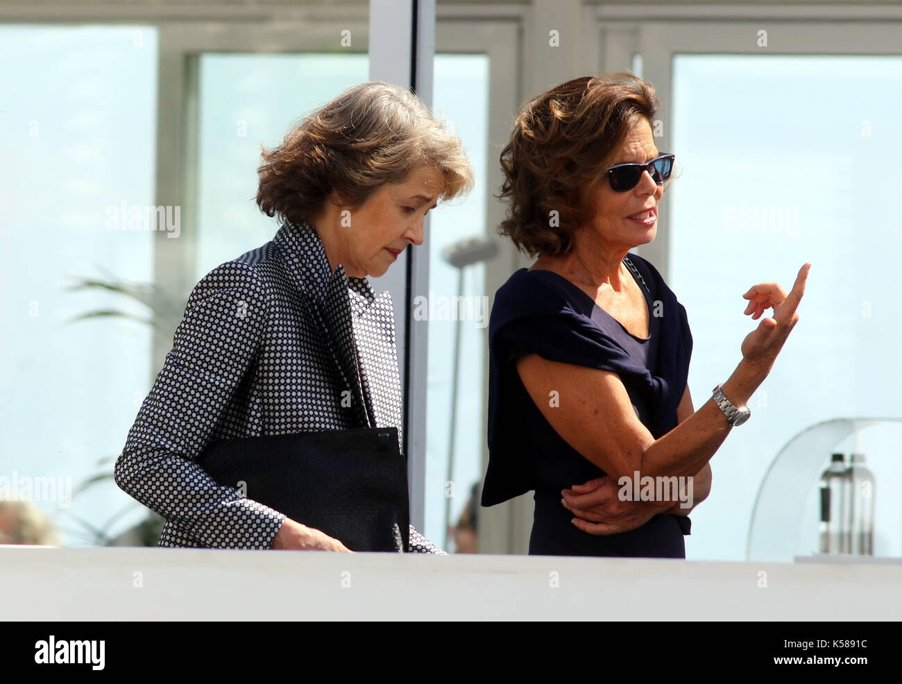 Venice, Italy. 8th Sep, 2017. Actress Charlotte Rampling (L) is seen during the 74th Venice International Film Festival at Lido of Venice on 8th September, 2017. Credit: Andrea Spinelli/Alamy Live News Stock Photo