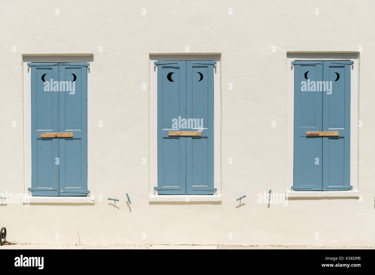 A historic building with storm shutters secured in preparation for Hurricane Irma September 8, 2017 in Charleston, South Carolina. Imra is expected to spare the Charleston area but hurricane preparations continue as Irma leaves a path of destruction across the Caribbean. Stock Photo