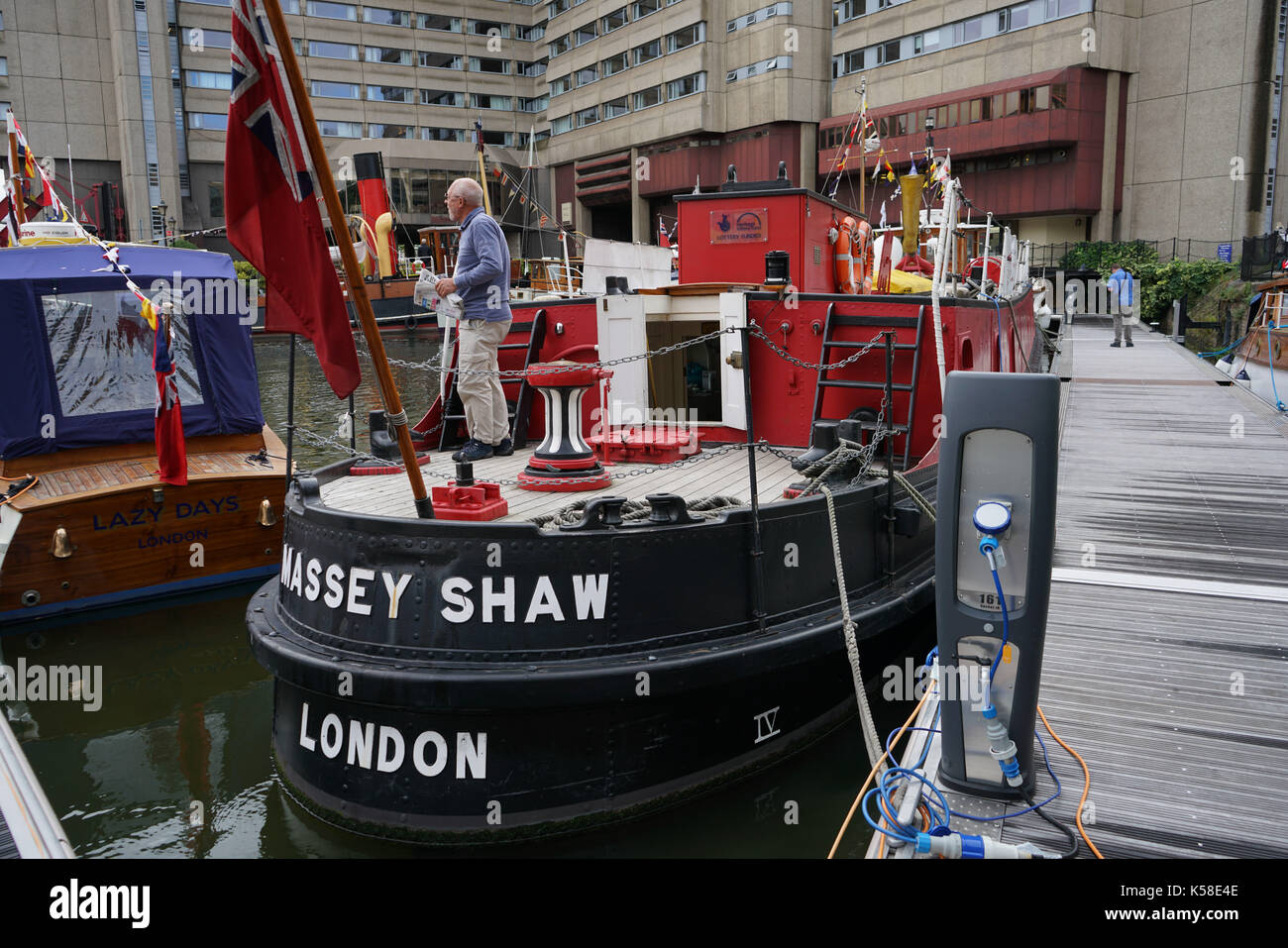 London, England, UK. 8th September 2017. Richard E. Beet is a Skipper of Massey Shaw Fireboat. The Massey Shaw Fireboat have saved over 600 soldiers Battle of Dunkirk in 1940 restore to 90% of it original proudly display at The 9th year of Classic Boat Festival at St. Katharine Docks, London, UK. Stock Photo