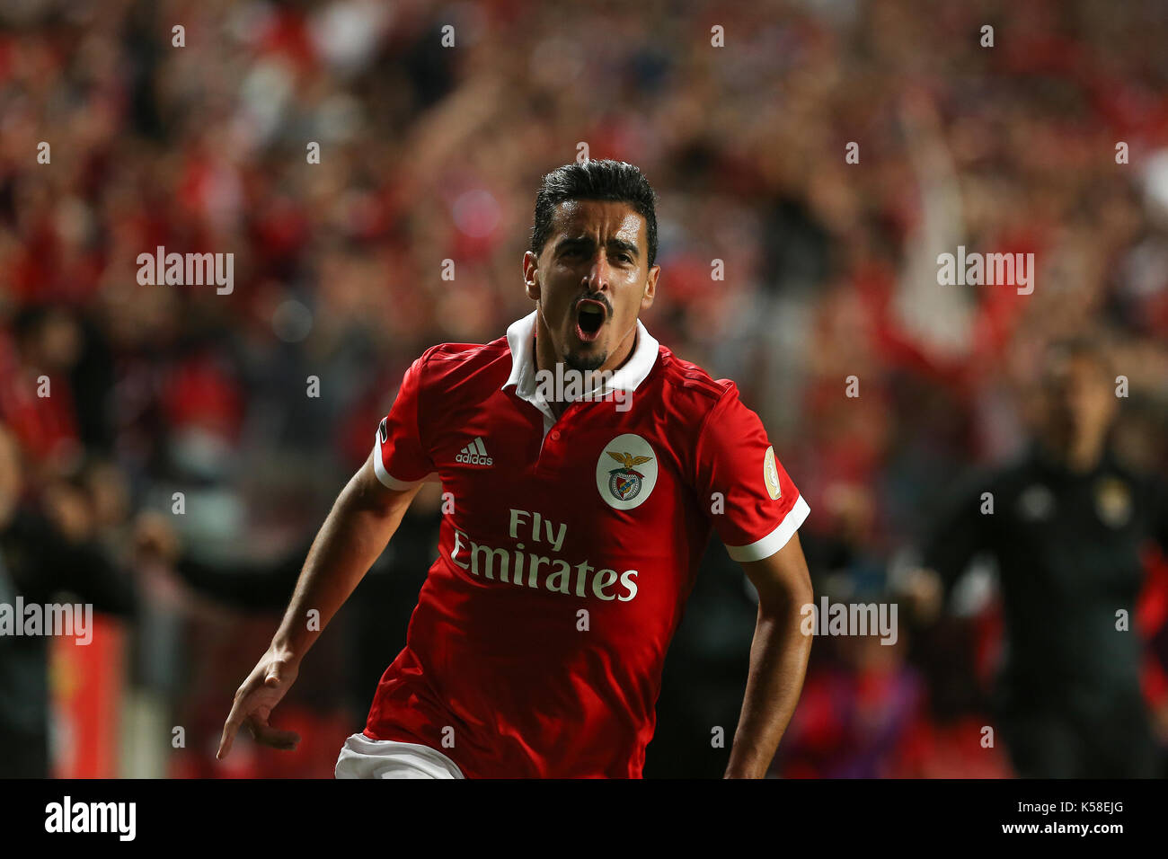 Benfica«s defender Andre Almeida from Portugal celebrating after scoring a goal during the Premier League 2017/18 match between SL Benfica v Portimonense SC, at Luz Stadium in Lisbon on September 8, 2017. (Photo by Bruno Barros / DPI) Stock Photo