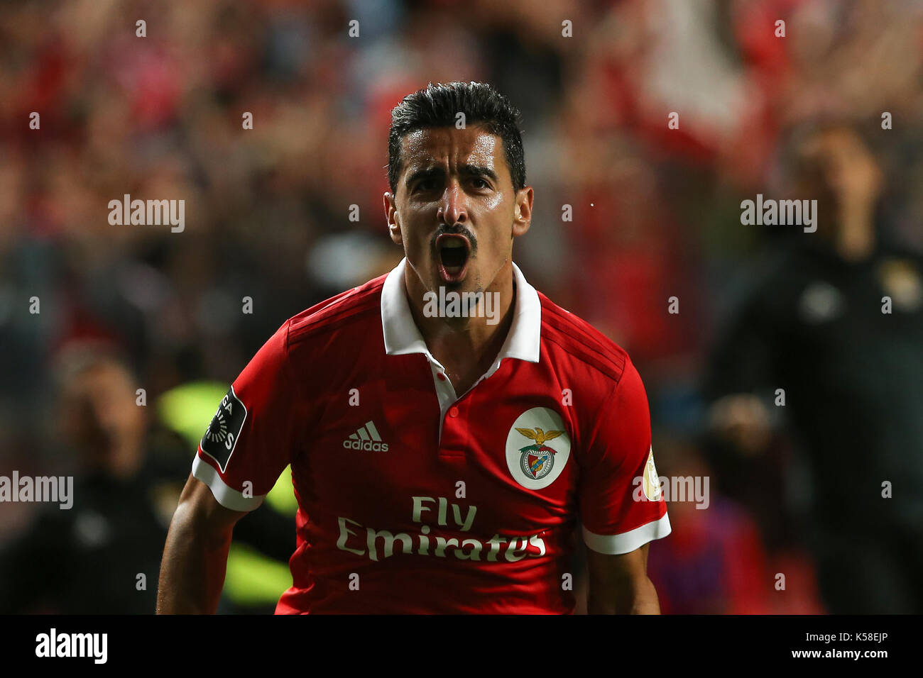 Benfica«s defender Andre Almeida from Portugal celebrating after scoring a goal during the Premier League 2017/18 match between SL Benfica v Portimonense SC, at Luz Stadium in Lisbon on September 8, 2017. (Photo by Bruno Barros / DPI) Stock Photo