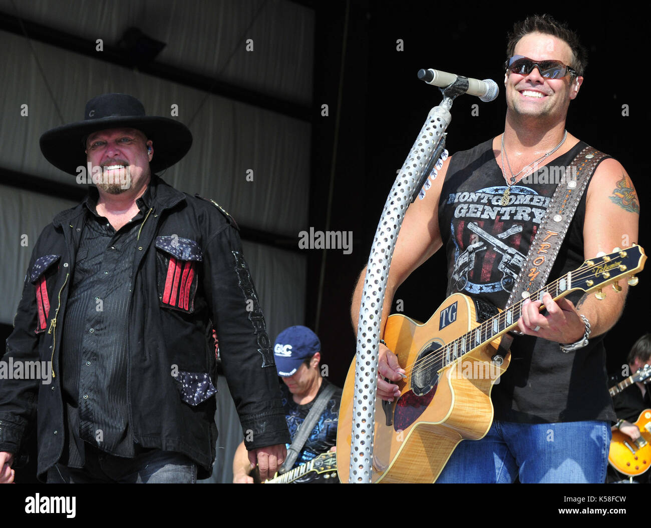 Morristown, Ohio, USA. 17th July, 2011. 08 August 2017 - Troy Gentry of the country duo Montgomery Gentry, died in a helicopter crash in Medford, New Jersey where he was scheduled to perform. With his performing partner Eddie Montgomery, Gentry enjoyed a series of country hits throughout the 2000s, including five Number Ones. He was 50 years old. File Photo: 17 July 2011 - Morristown, Ohio - Eddie Montgomery and Troy Gentry of Montgomery Gentry perform at ''Jamboree In The Hills 2011'' also known as the ''Super Bowl of Country Music.'' Photo Credit: Kelly Blecher/AdMedia (Credit Image: © Kell Stock Photo