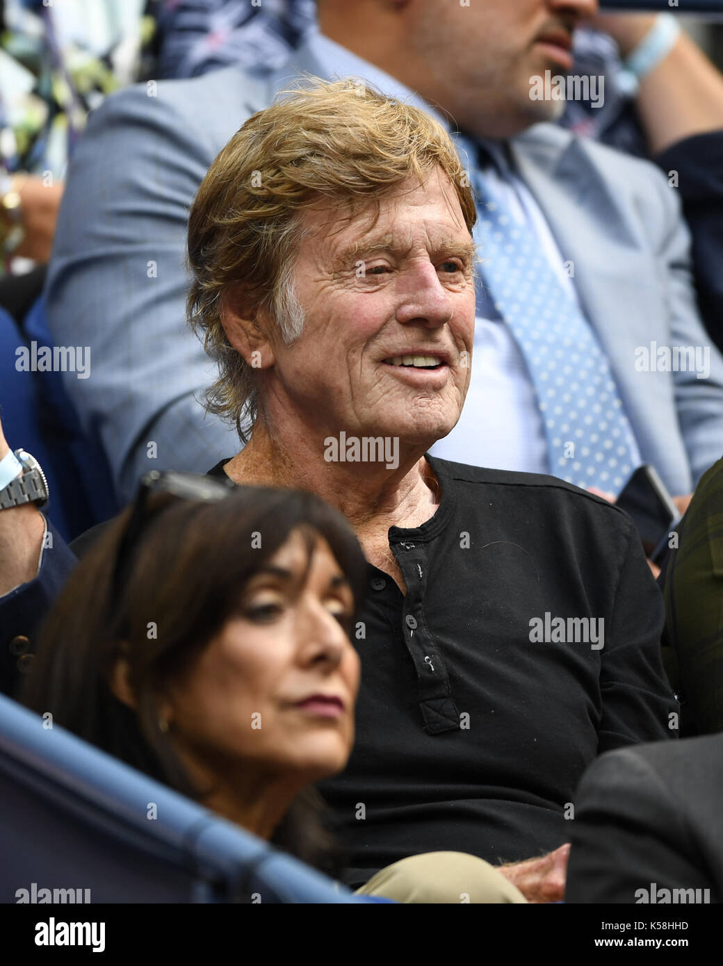 FLUSHING NY- SEPTEMBER 08: ***NO NY DAILIES*** Robert Redford seen watching Kevin Anderson Vs Pablo Carreno Busta during the mens semi finals on Arthur Ashe Stadium during the US Open at the USTA Billie Jean King National Tennis Center on September 8, 2017 in Flushing Queens. Credit: mpi04/MediaPunch Stock Photo