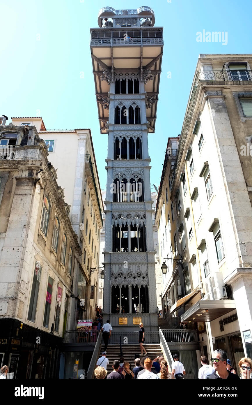 The elevator known as The Santa Justa Lift (Carmo Lift) is seen in the centre of Historic Lisbon, Portugal August 26, 2017.© John Voos Stock Photo