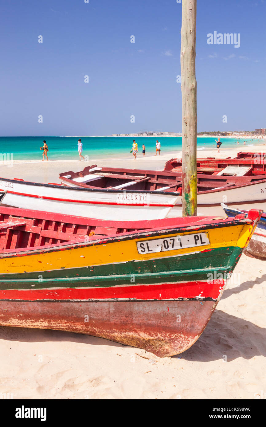 CAPE VERDE SAL Colourful traditional local fishing boats on the beach at Santa Maria, Praia da Santa Maria, Sal Island, Cape Verde, Atlantic, Africa Stock Photo