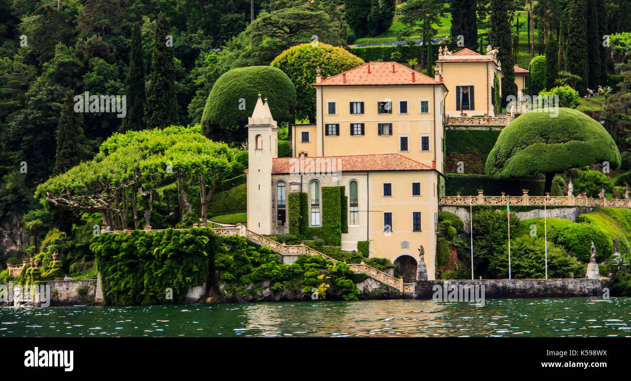The Villa Del Balbianello in a view from cruise ship on Lake Como, Italy, Europe Stock Photo
