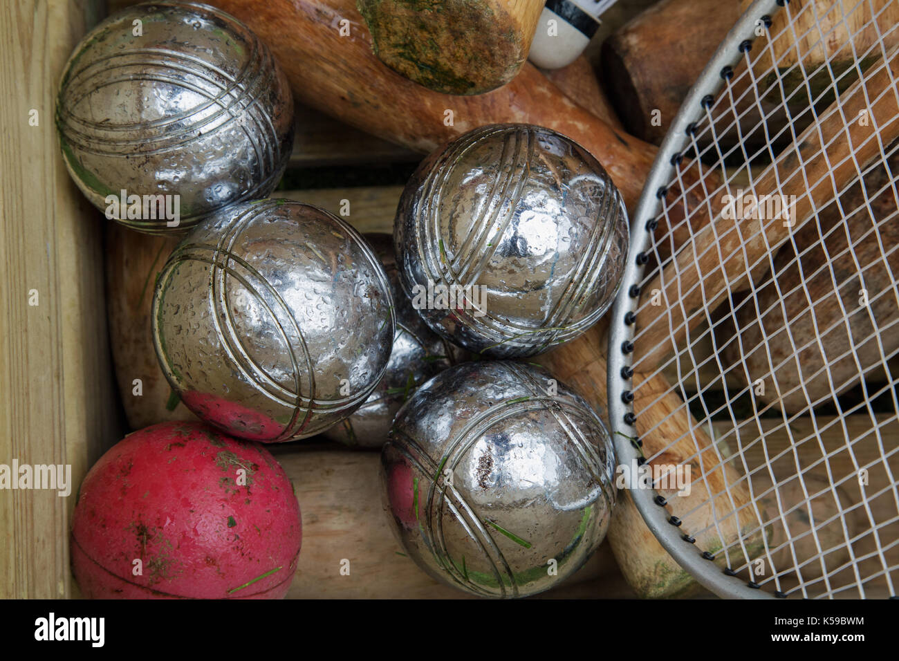 Outdoor games equipment in a box Stock Photo Alamy
