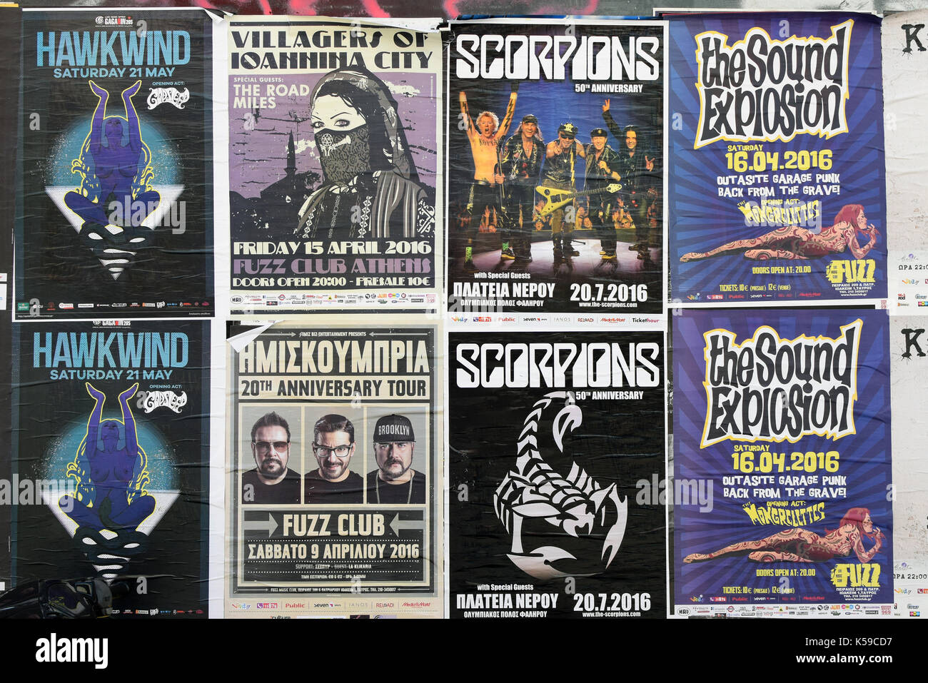 ATHENS, GREECE - APRIL 9, 2016: Concert posters for live music by Hawkwind, Scorpions, Villagers of Ioannina City, The Sound Explosion and Imiskoubria Stock Photo