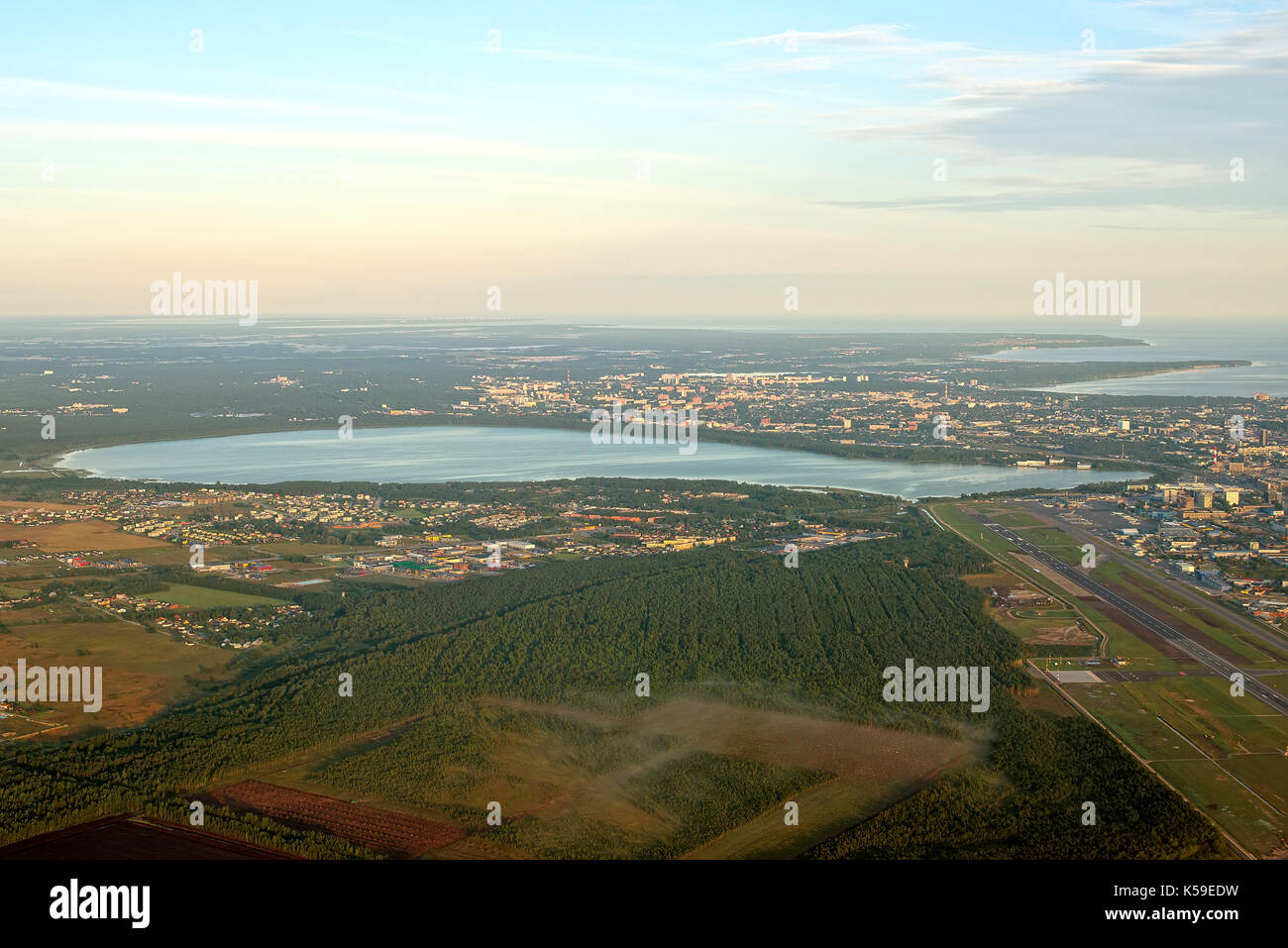 View from the plane to Lake Ülemiste and Tallinn airport. Stock Photo