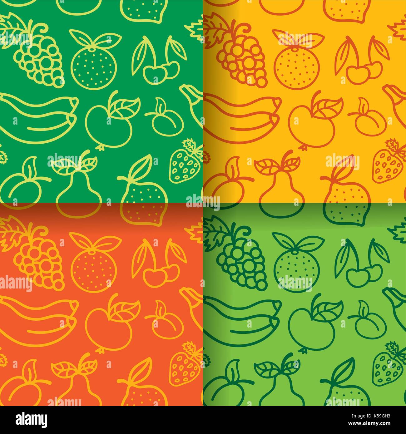 illustration of seamless pattern of fruits and berries in different colors Stock Vector