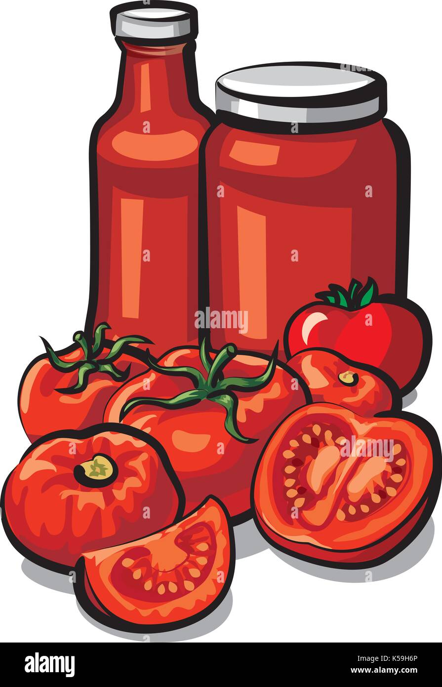 illustration of fresh tomatoes and tomato sauce and ketchup Stock