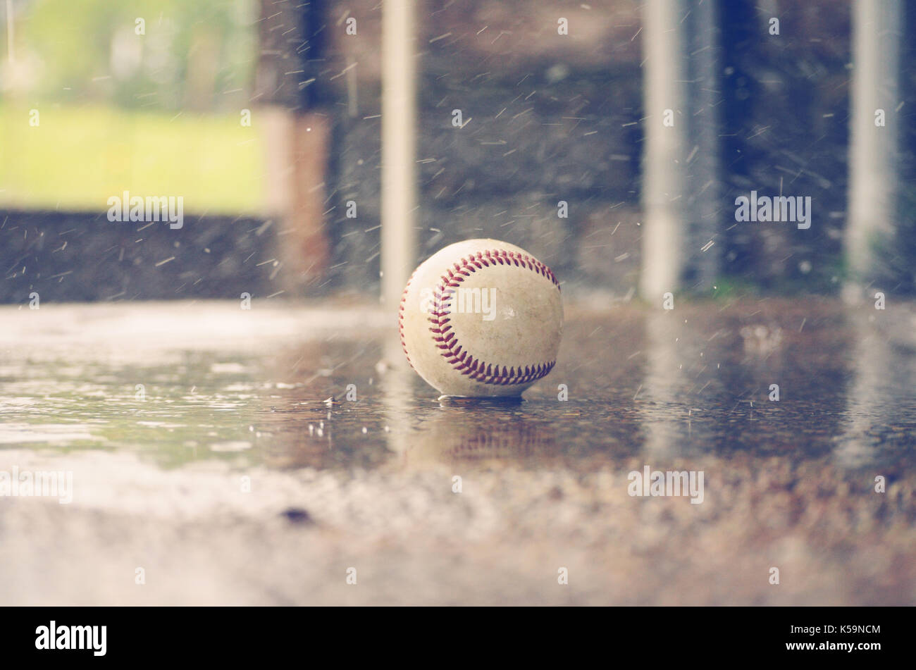 baseball left out in the rain weather conditions. Sports equipment getting soaked
