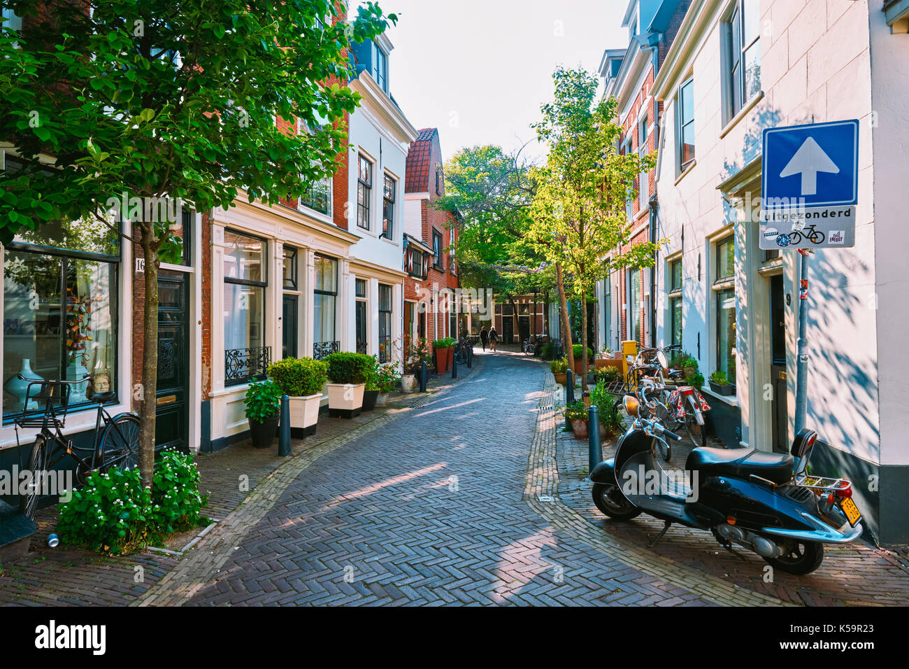 Street with old houses in Haarlem, Netherlands Stock Photo 158182251