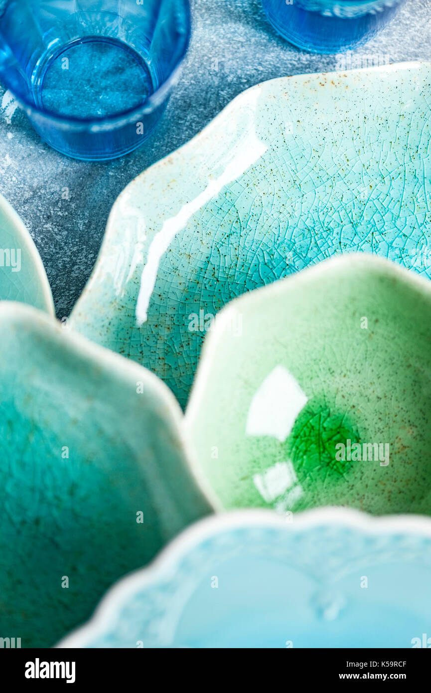 green glass, dinnerware, turquoise color Stock Photo Alamy