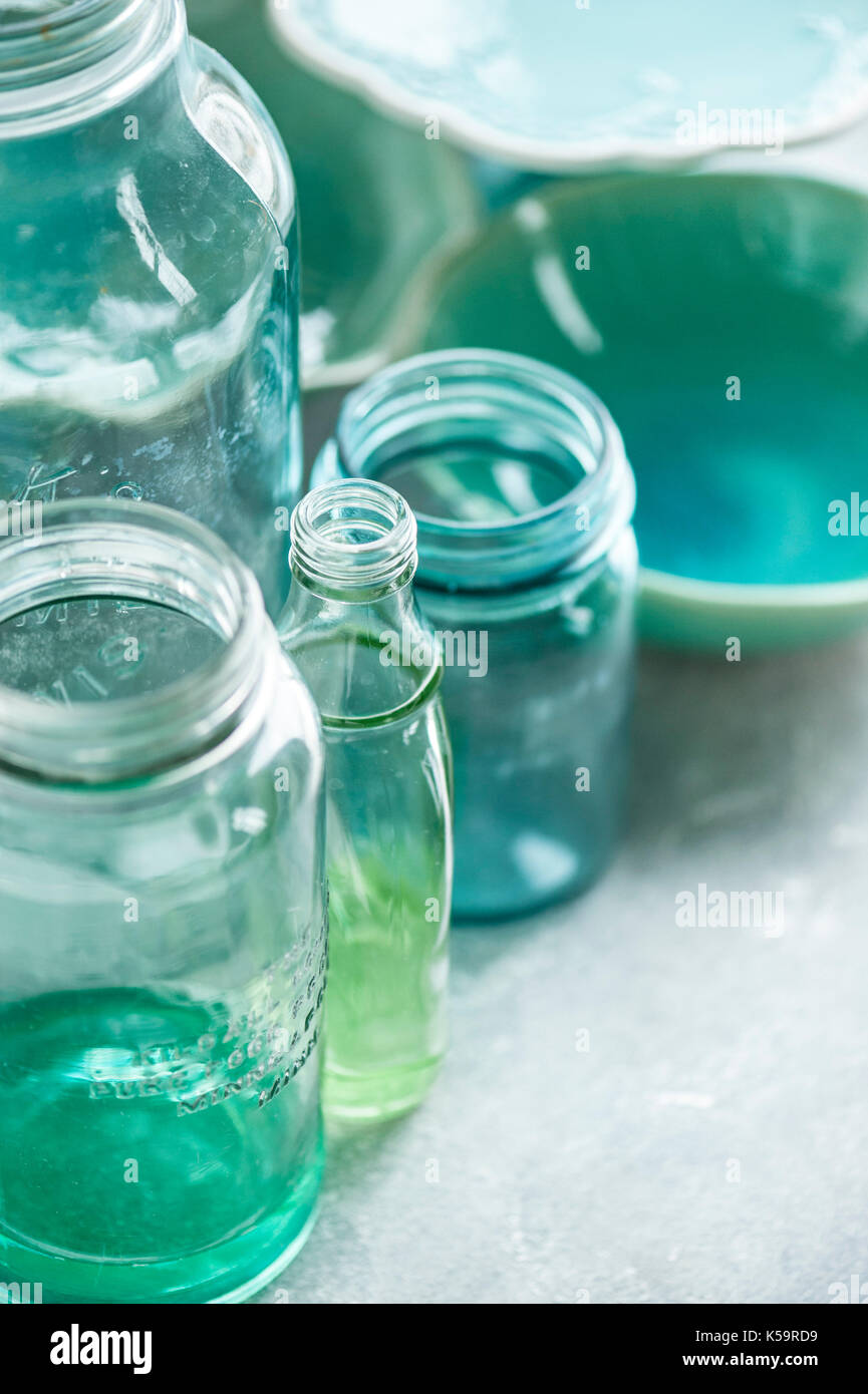 green glass, dinnerware, turquoise color Stock Photo Alamy