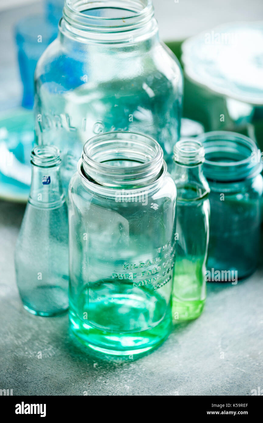 green glass, dinnerware, turquoise color Stock Photo Alamy