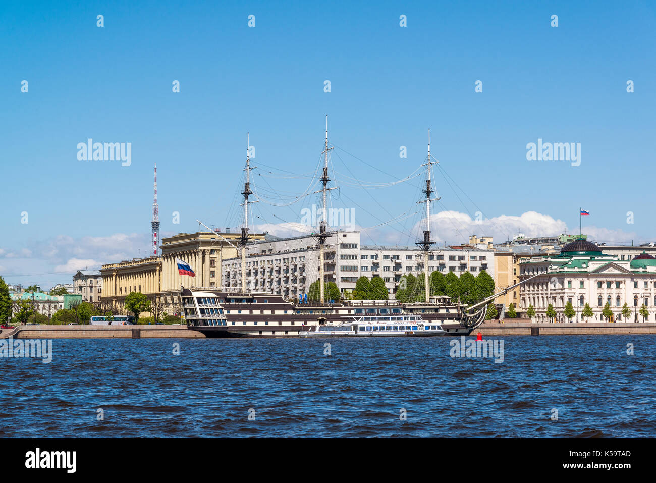 St. Petersburg, Russia - June 04. 2017. view of Petrine quay and Frigate Grace Stock Photo