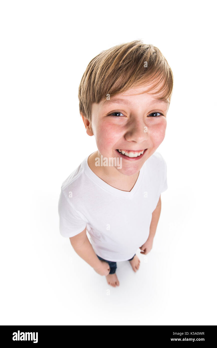 portrait of child. funny little boy on studio white background Stock