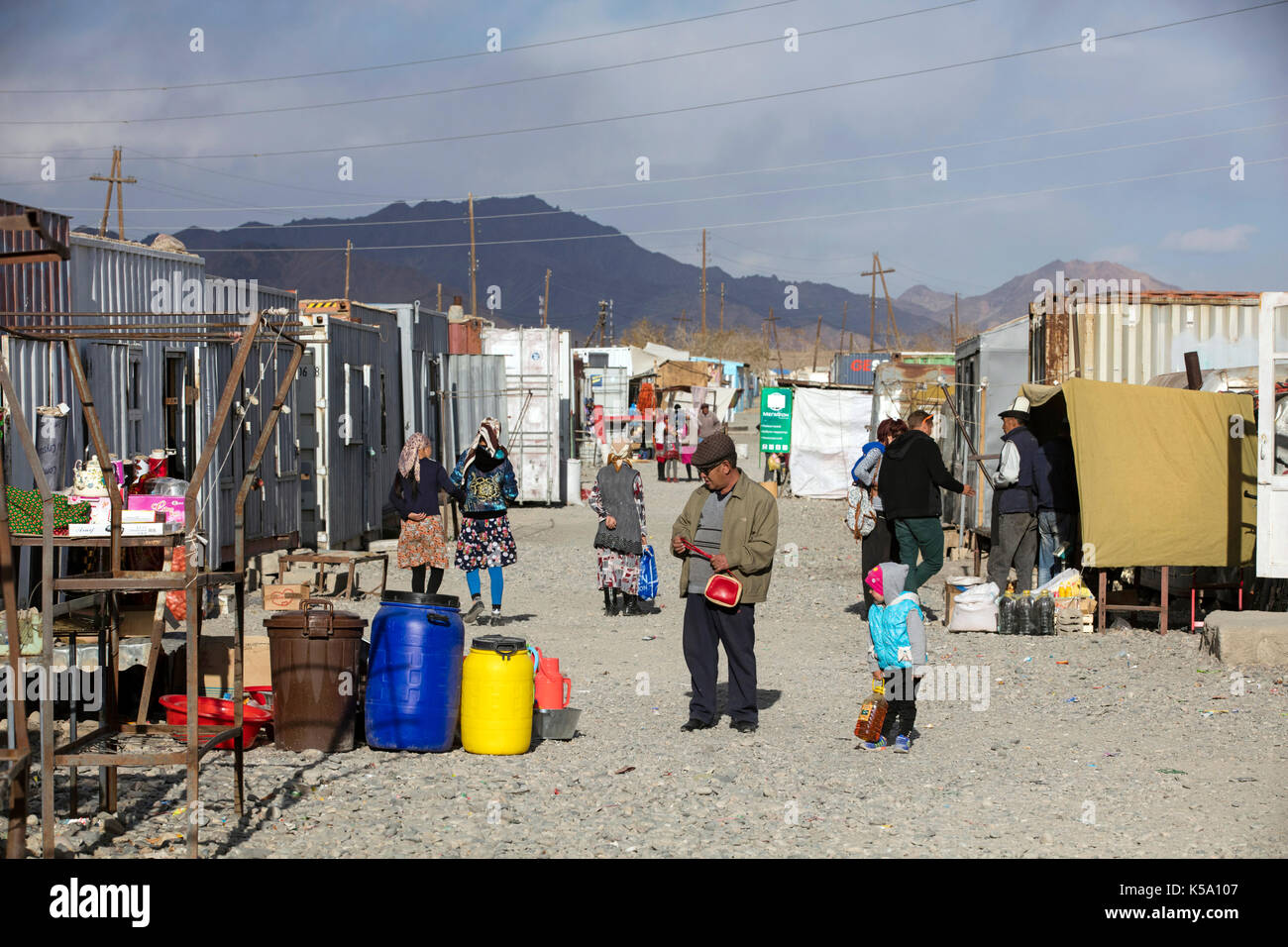 Murghab bazaar with stalls inside containers in the Murghob District of Gorno-Badakhshan Autonomous Region, Tajikistan Stock Photo
