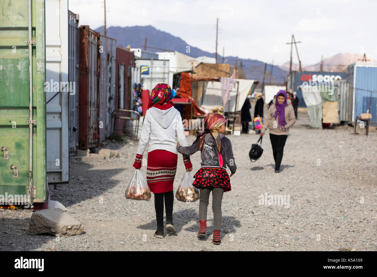 Murghab bazaar with stalls inside containers in the Murghob District of Gorno-Badakhshan Autonomous Region, Tajikistan Stock Photo
