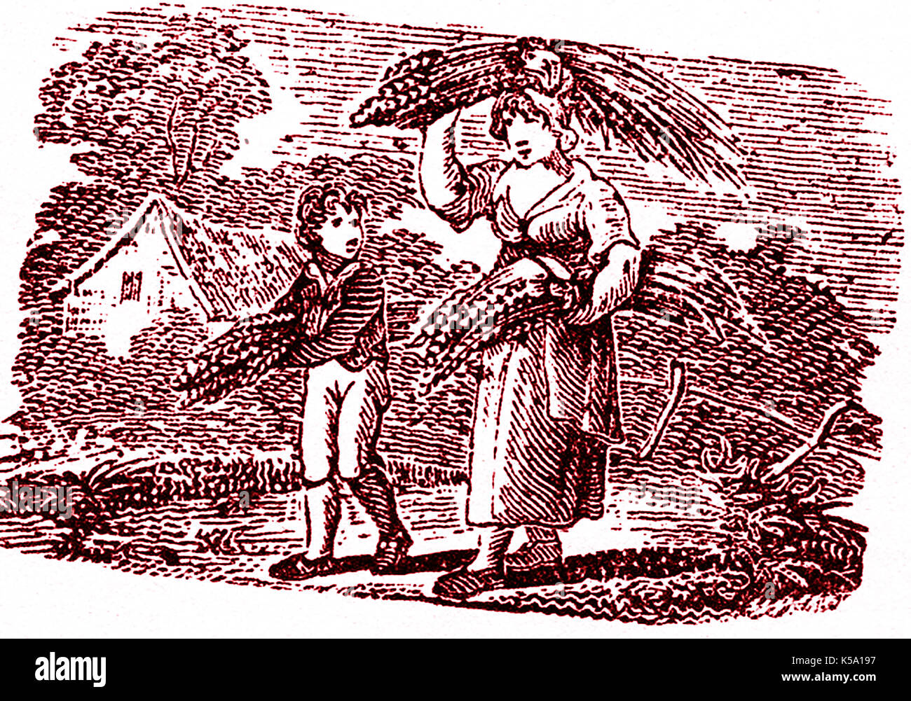 English straw industry - An 18th century woodcut showing a mother and son taking straw home after gathering it for plaiting.into hats, mats, carpets and other goods. Stock Photo