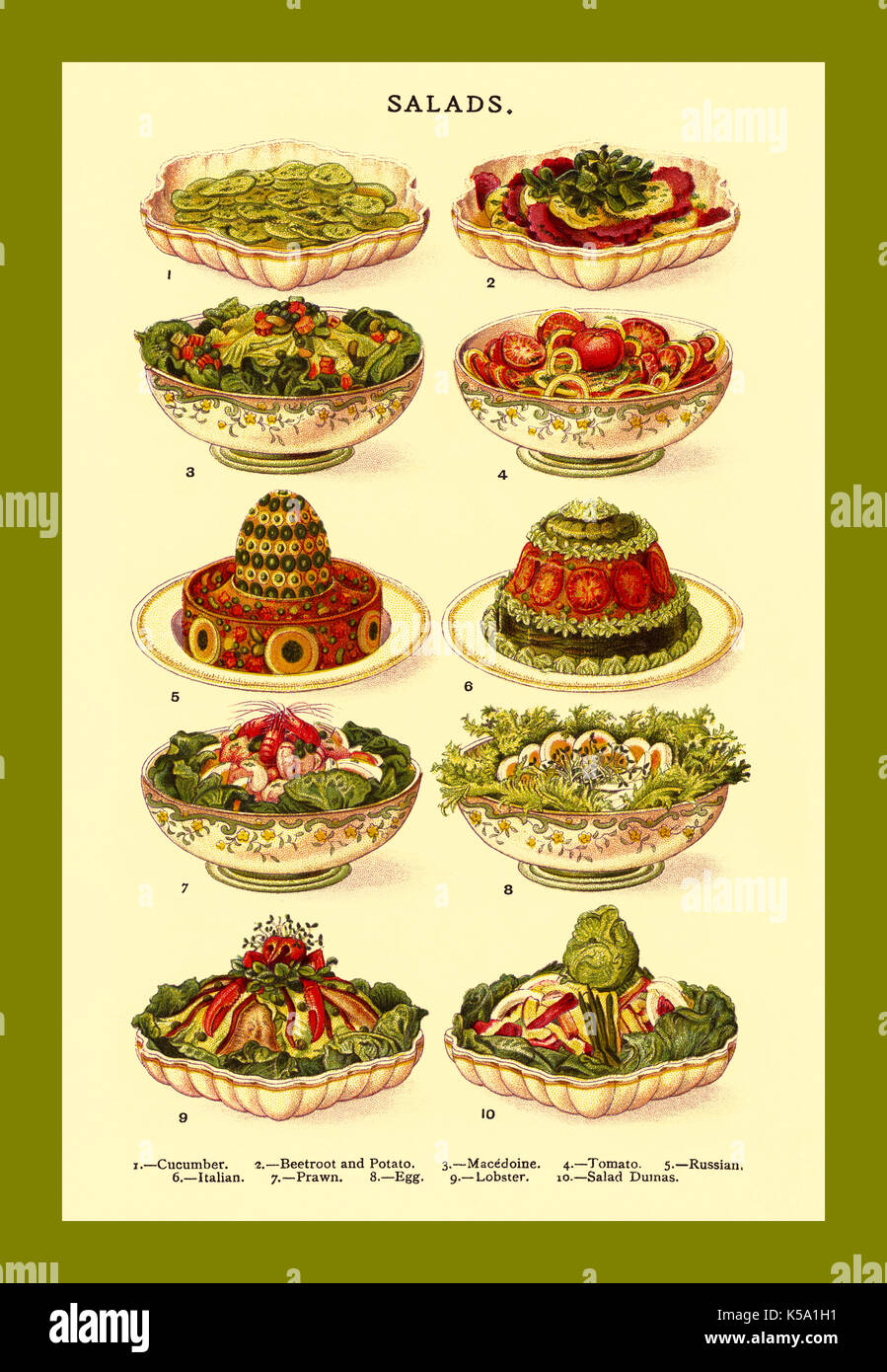 SALADS Vintage lithograph colour page illustration 1800’s Mrs Beeton's cookery book - salads L-R Cucumber, Beetroot and Potato, Macedoine, Tomato, Russian, Italian, Prawn, Egg, Lobster, Salad Dumas. Stock Photo