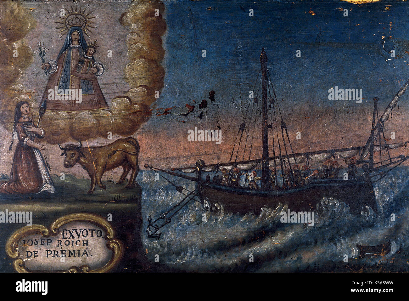 Fishing boat of the 18th century. Exhort from the hermitage of La Cisa, at the village of Premia de Dalt, province of Barcelona, Catalonia, Spain. Stock Photo