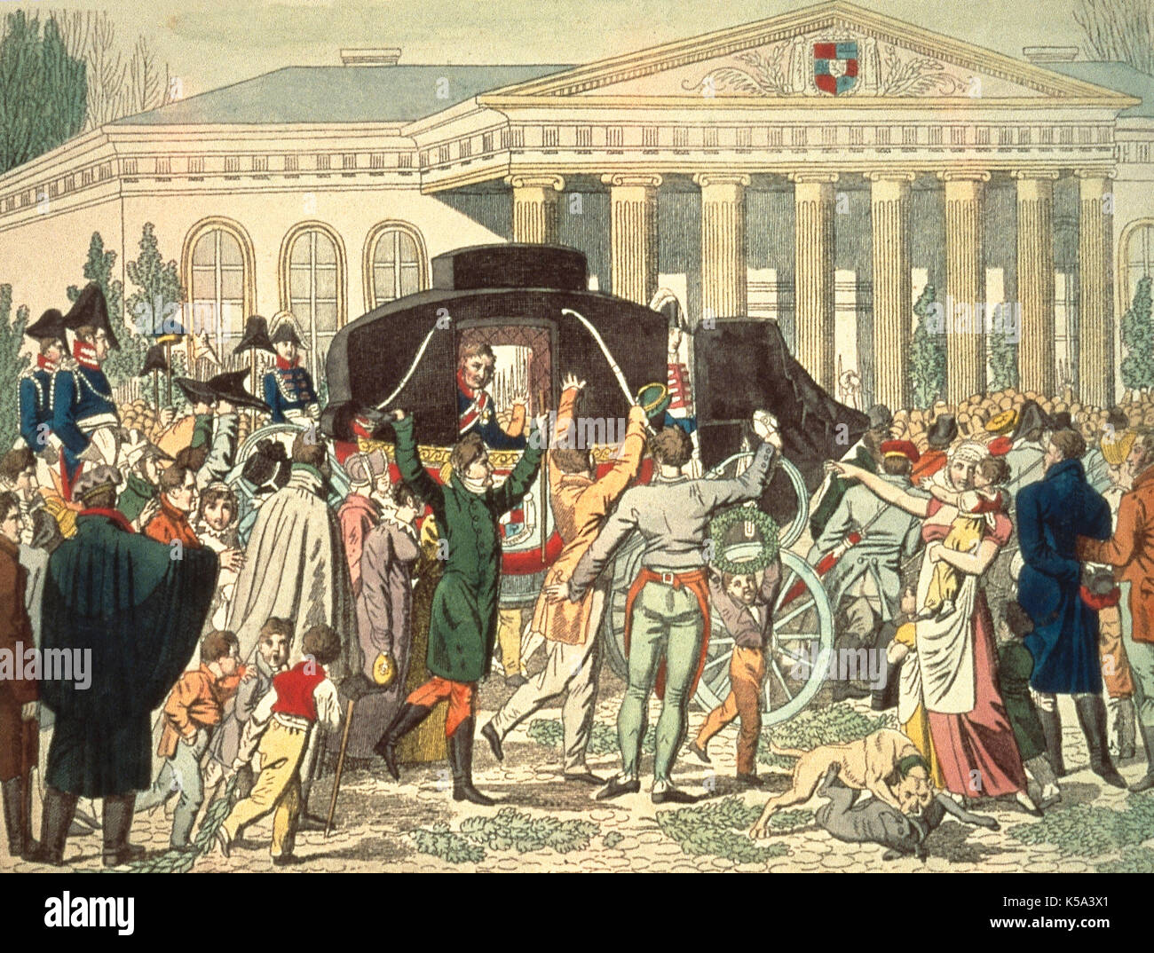 Germany under The Restoration. Return of the Prince Elector to Leal Hesse. Lithograph in color. Stock Photo