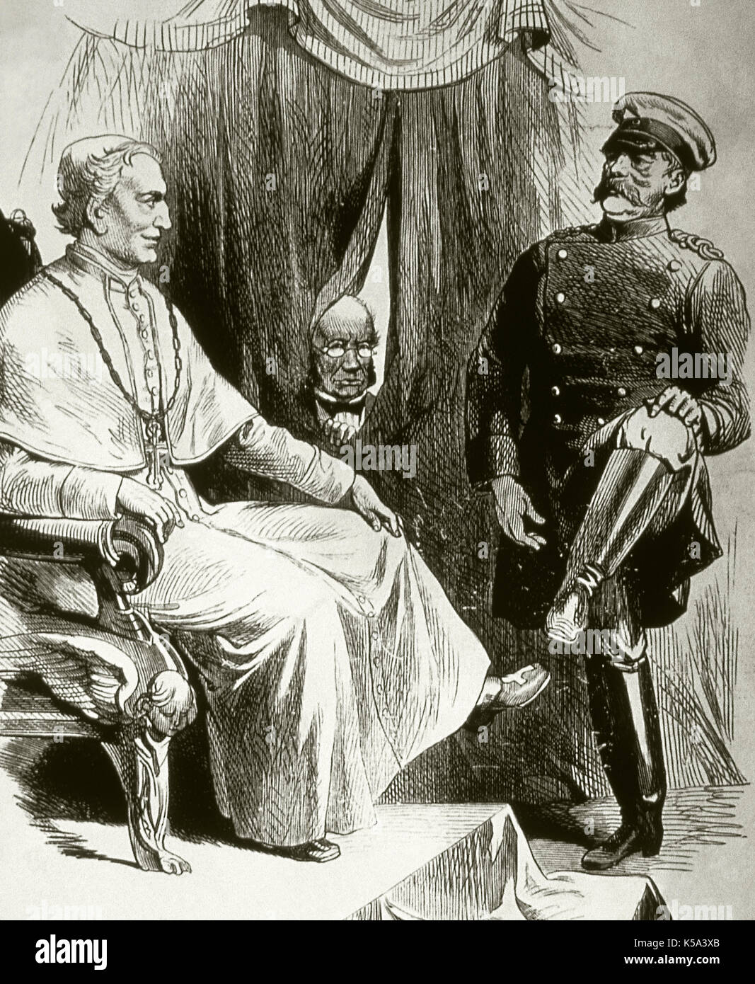 German Reich (1871-1914). Caricature about the cultural struggle (1878). Conflict known as Kulturkampf, originated by Otto von Bismarck with the purpose to subject to the Catholic Church under the control of the German state. Caricature with the tittle Modus vivendi: Pope Leo XIII, that stretches his leg to Bismarck so that he kisses his feet. Bismarck also raises his leg. In the middle, Ludwig Windhorts, leader of the Center Party. Engraving. Stock Photo