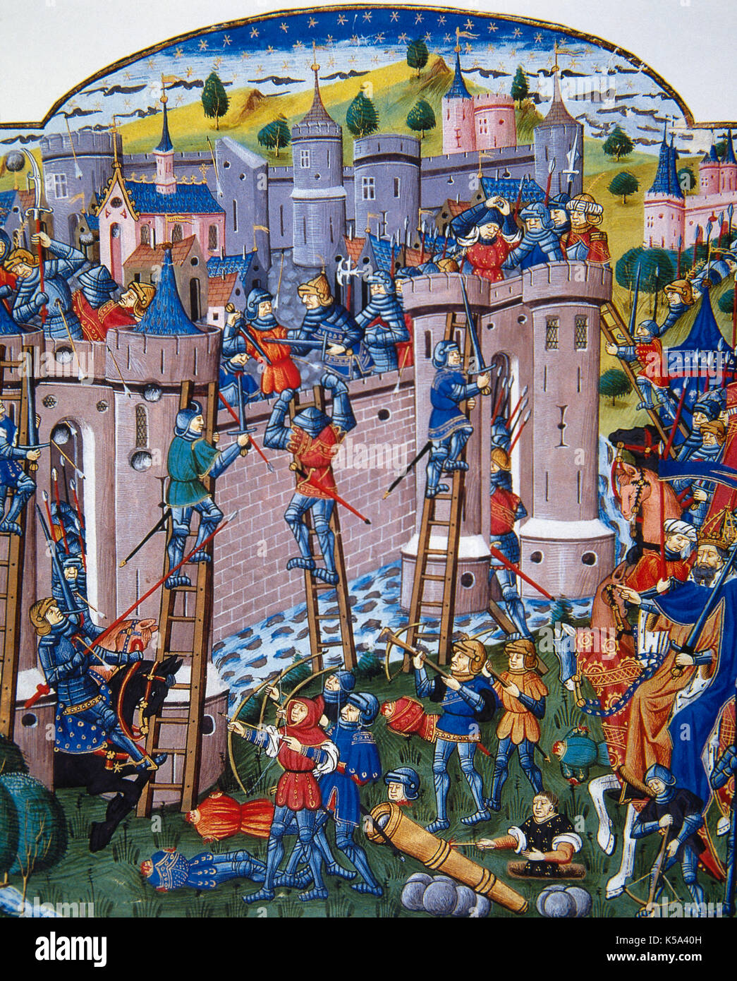 Battle of Tarento. Second Punic War (213 BC-212 BC). Troops of Hannibal fighting against roman troops commandeb by Marco Livio. Carthaginian soldiers conquered the city of Tarento. Miniature set in medieval times from a codex of the 15th century. Prince's Library, France. . Stock Photo