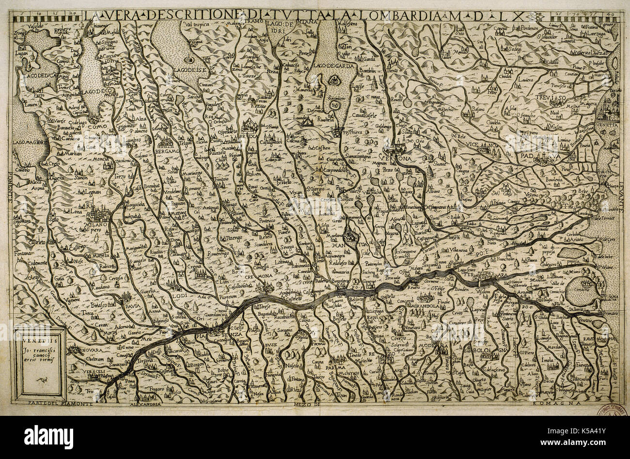 Map of the Lombardy region (Italy) with the cities of Milan, Verona, Padua, Mantua, Parma, Modena, Bologne and Venice. Italian engraving from the 16th century. Stock Photo