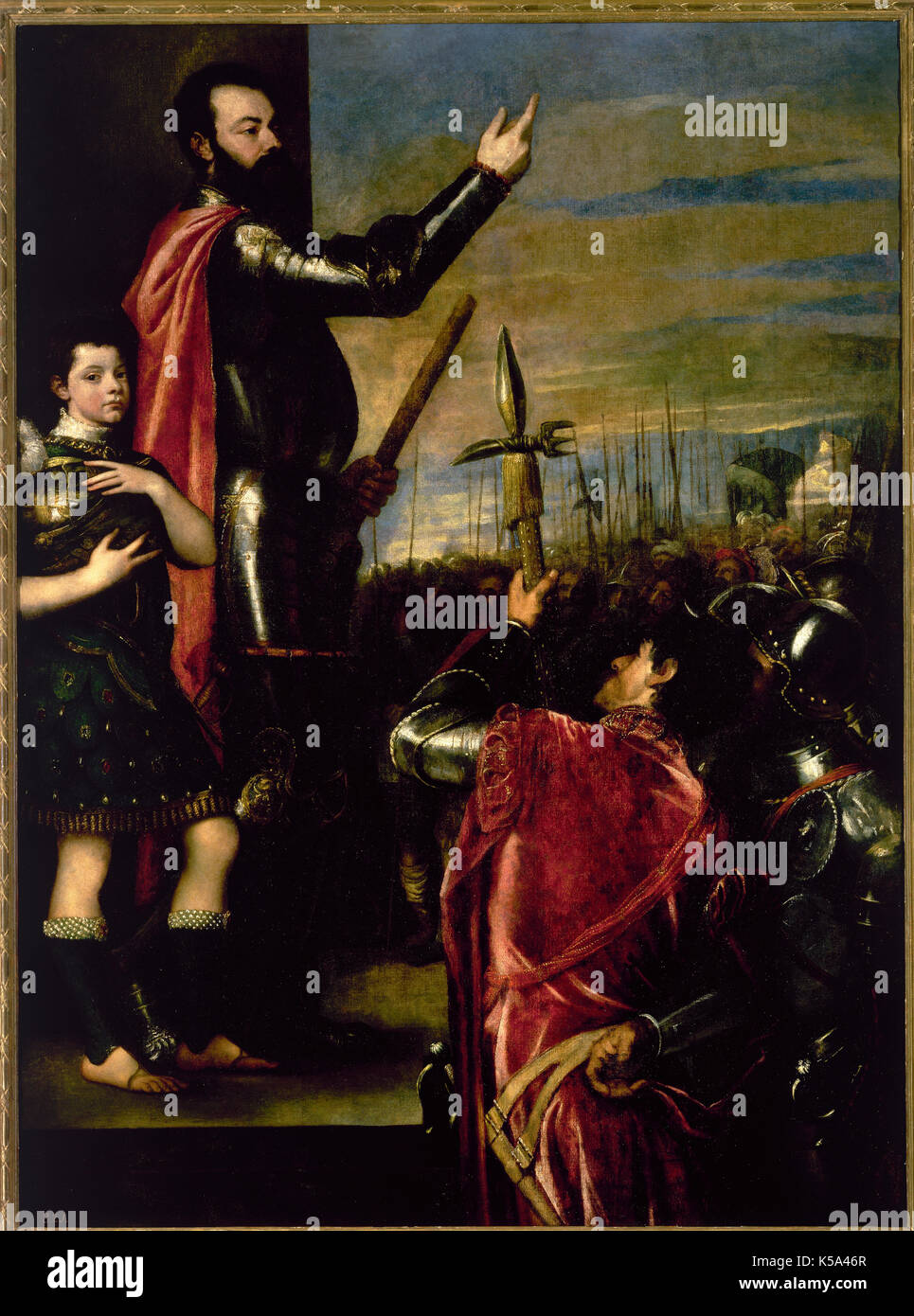 Marquis of Vasto. Alfonso de Avalos y de Aquino (1502-1546). Spanish military. He fought in the Battle of Pavia. Allocution of the Marquis of Vasto to its soldiers, 1540-1541. Altough it is considered a portrait of Avalos, the speech is not such. It would be an historical event happened in 1537. Avalos, the Marquis of Vasto, repressed a mutiny of Spanish troops quartered in Lombardy. Oil on canvas. Painting by Vecellio del Gregorio Tiziano, painter of the Italian School. The Prado Museum, Madrid, Spain. Stock Photo