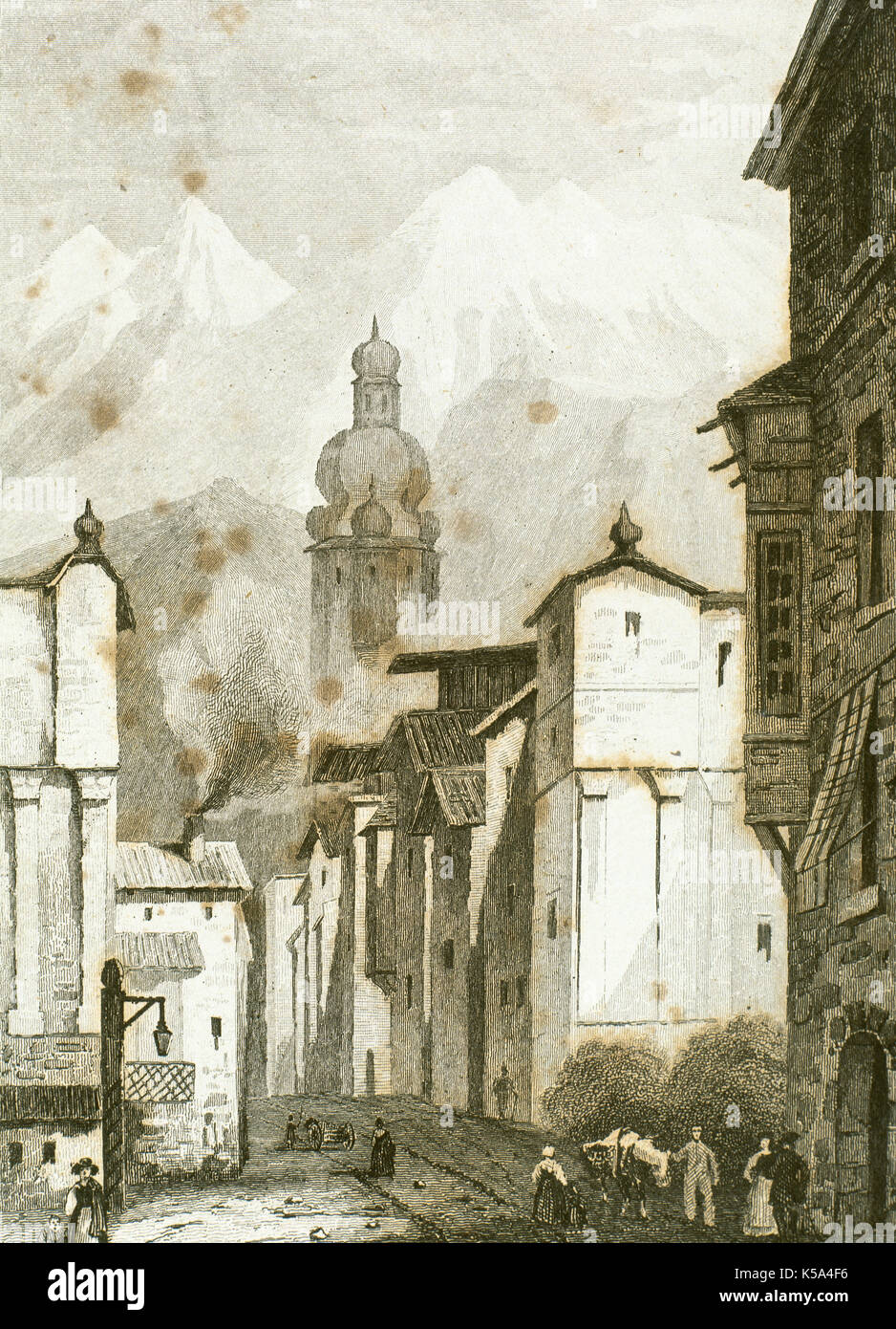 Innsbruck in 18th century. Tirol, Austria. Drawing by Vormser, engraving by Lejeune, 1838. Stock Photo