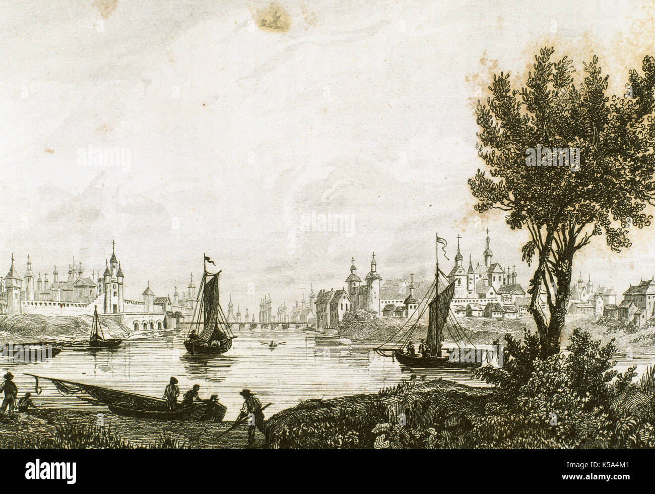 Novgorod. Russia. General view of the city, an important artistic place between 11th to 16th centuries. Engraving, 1838. Stock Photo