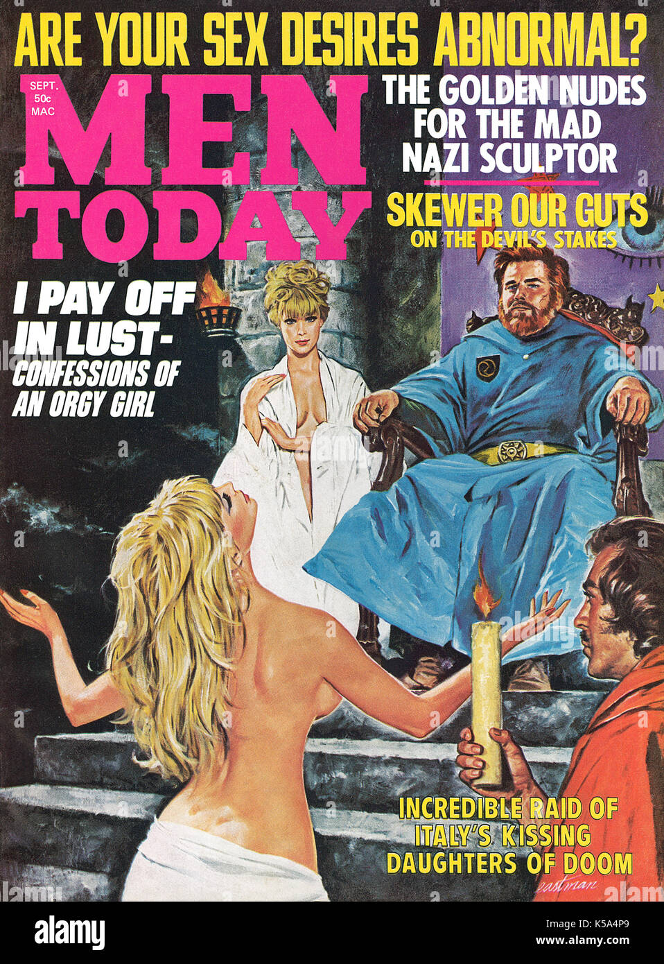 Front cover go the men's magazine Men today, for September 1970. Illustration by Eastman. Stock Photo