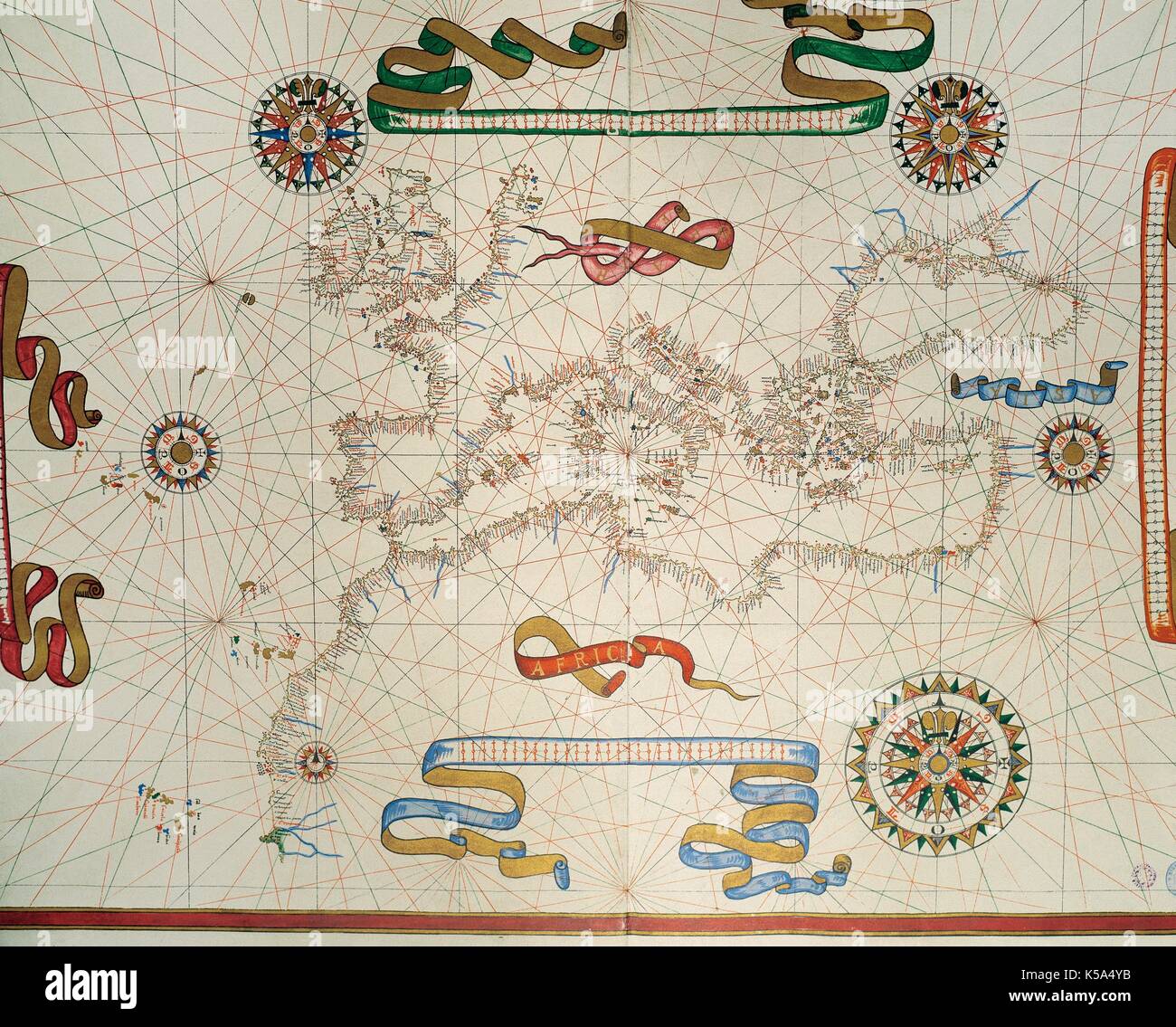 Map of Southern Europe, coast of the North of Africa and Canary Islands. Nautical letter by Joan Martines. Messina, Sicily, 1587. Stock Photo