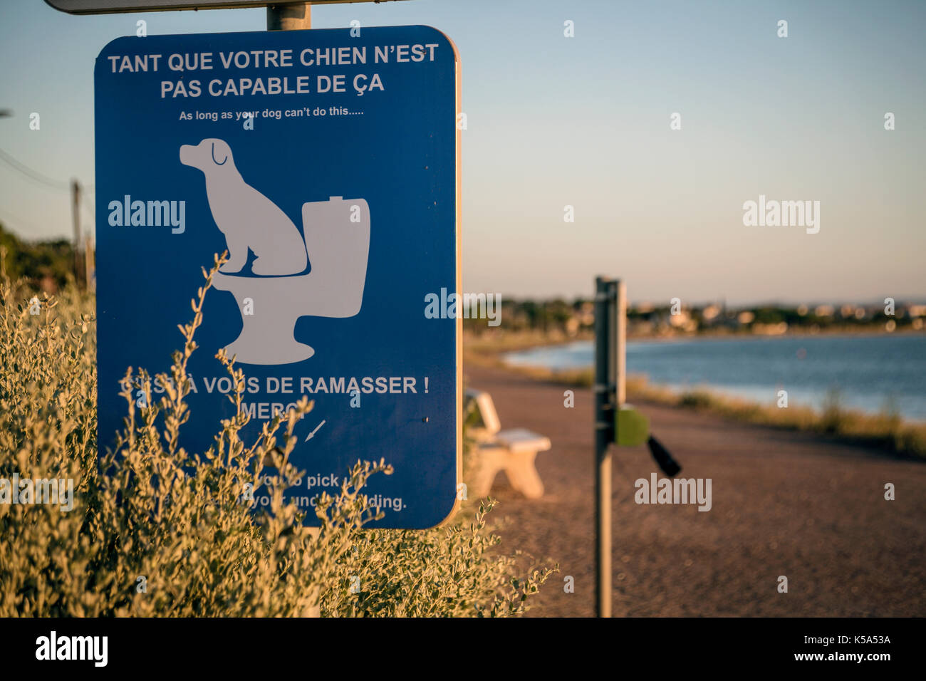 Dog fouling sign on esplanade, Marseillan, Herault, France. Stock Photo