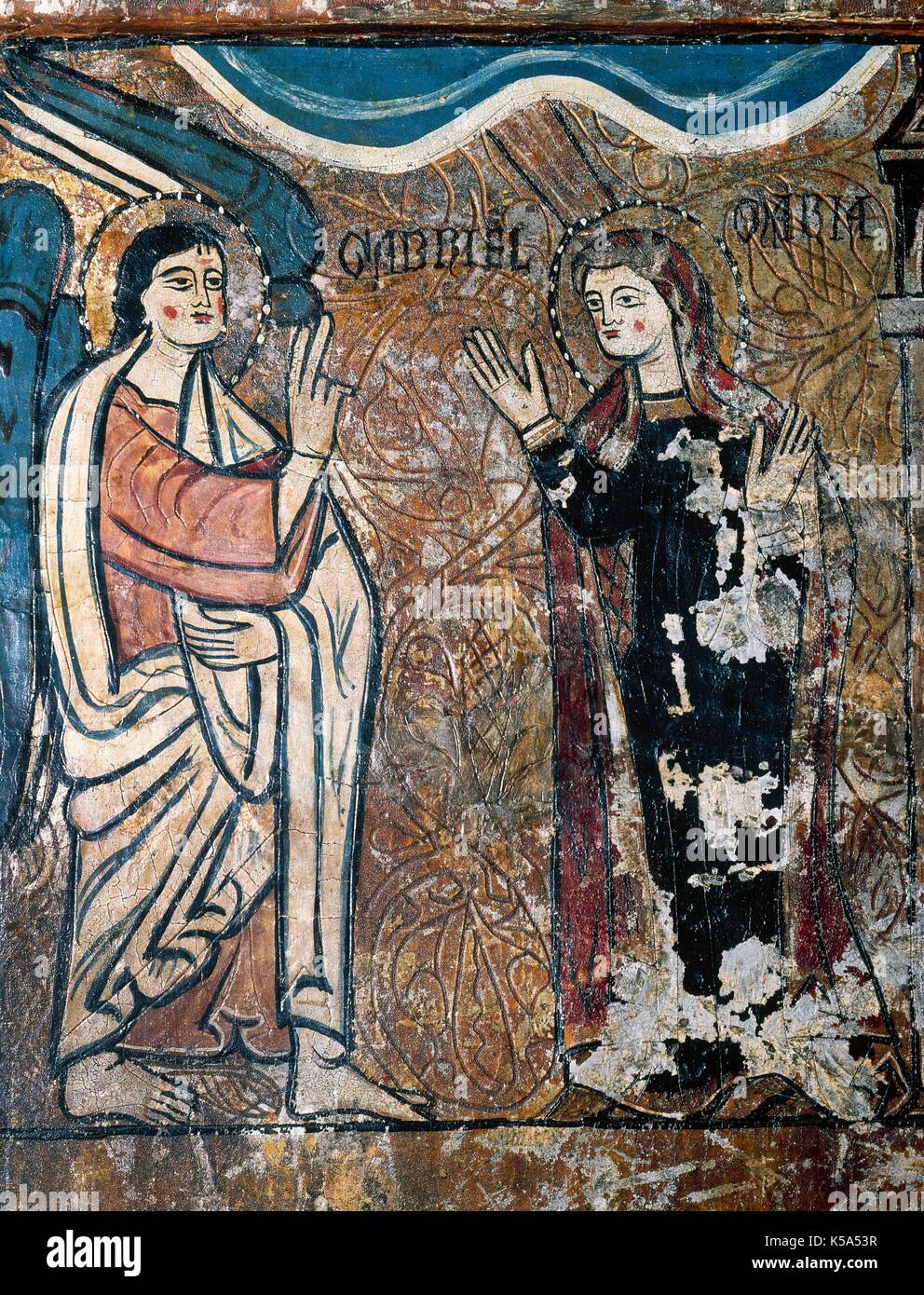 Altar front called Frontal de Iguacel (1300-1315). Detail of The Visitation. From the church of the Monastery of Santa Maria de Iguacel (province of Huesca, Aragon, Spain). Diocesan Museum of Jaca (province of Huesca, Aragon, Spain). Stock Photo