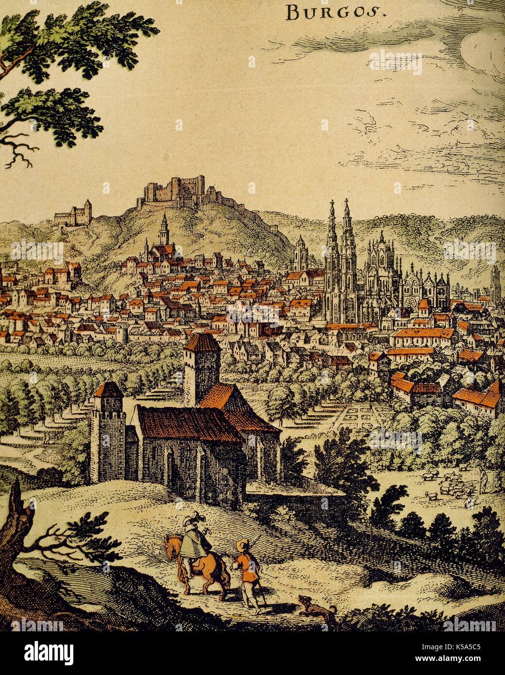 City of Burgos (Castile, Spain). Engraving of the XVI Century. Stock Photo