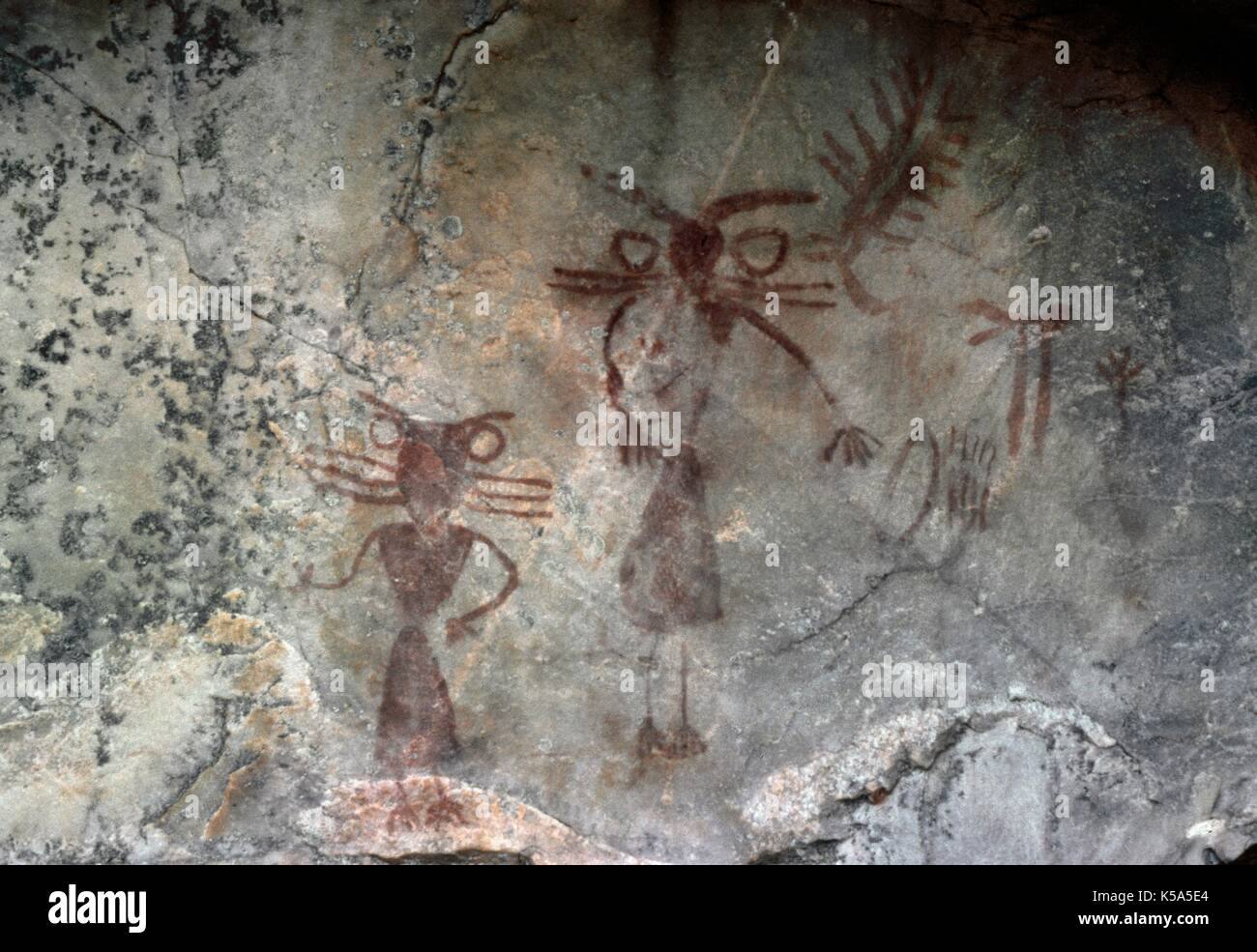 Prehistory. Age of Metals. Bronze Age. Schematic cave painting. Detail of female figures with ornaments and deer. Cueva de los Organos (province of Jaen, Andalusia, Spain). Stock Photo