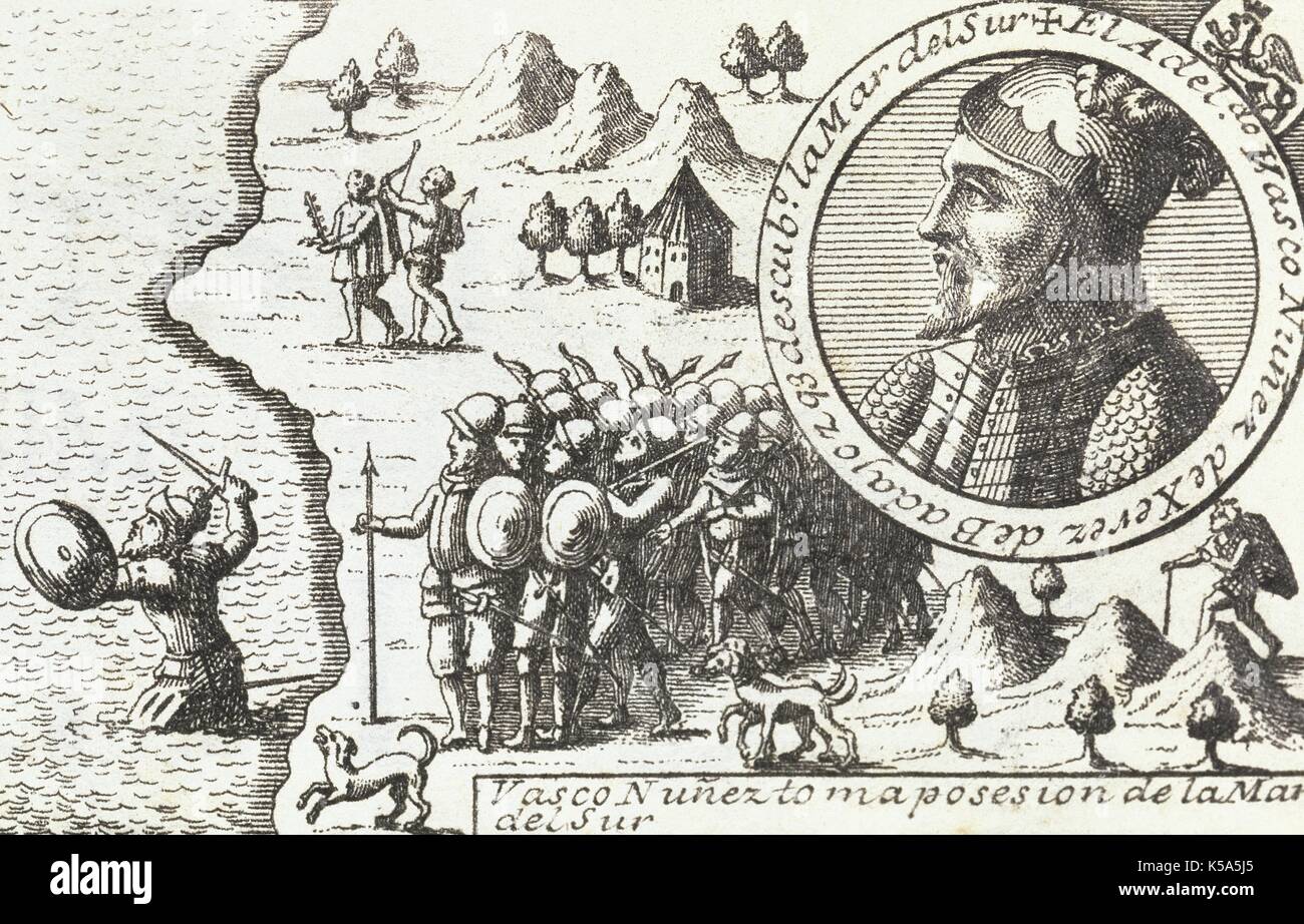 Vasco Nuñez de Balboa (1475-1519). Spanish conquerer. Discoverer the Pacific Ocean or South Sea on 25 September of 1513. Nuñez de Balboa taking possession of the South Sea. Engraving of 1726 . Stock Photo