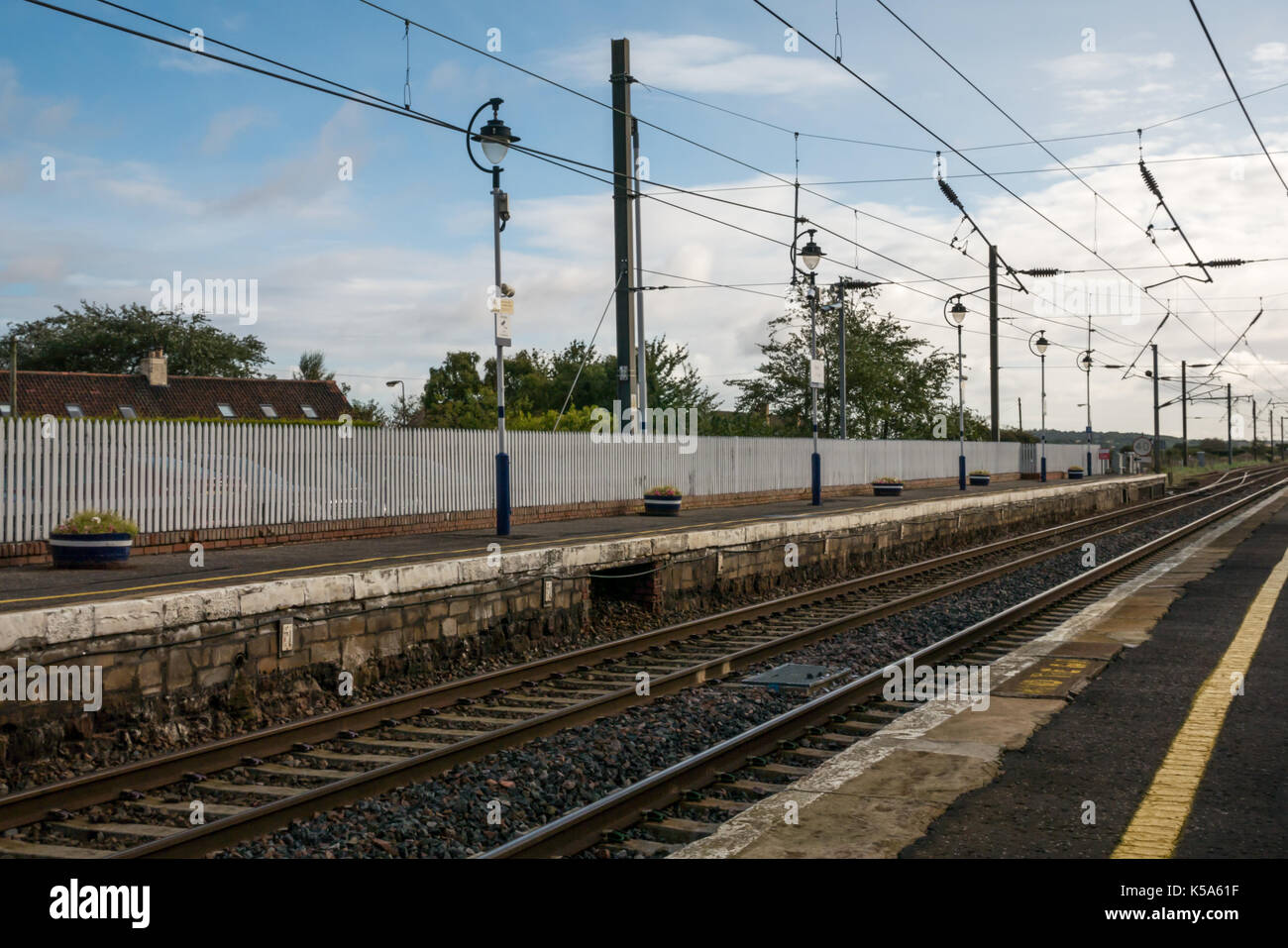 ScotRail Drem station train platform and railway tracks, East Lothian. Scotland, United Kingdom Stock Photo