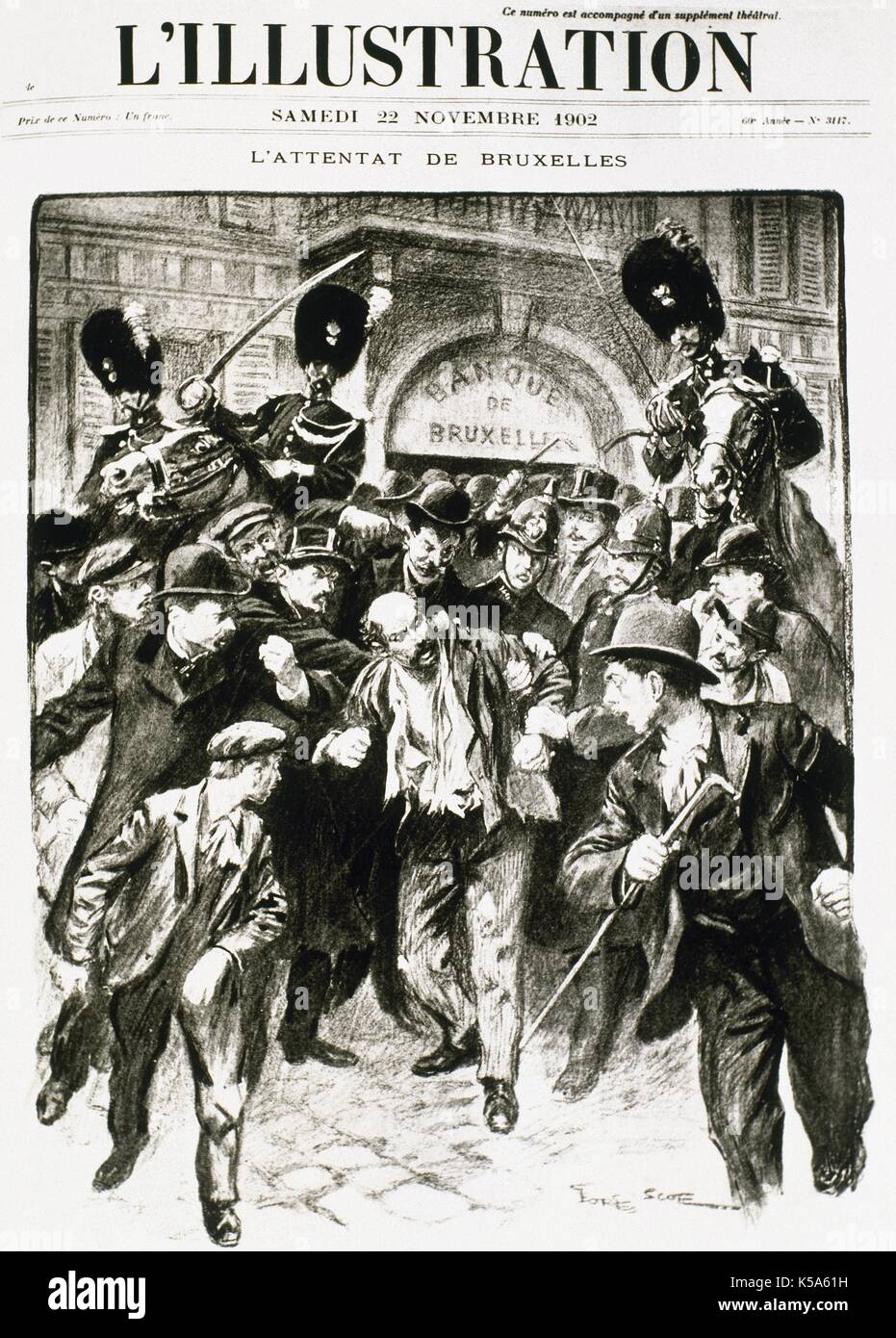 Newspaper cover of L'Illustration (22 november 1902). Anarchist Gennero Rubino arrested by the police after the attack in Brussels (15th november 1902), shooting three times against the king Leopold II of Belgium. Stock Photo